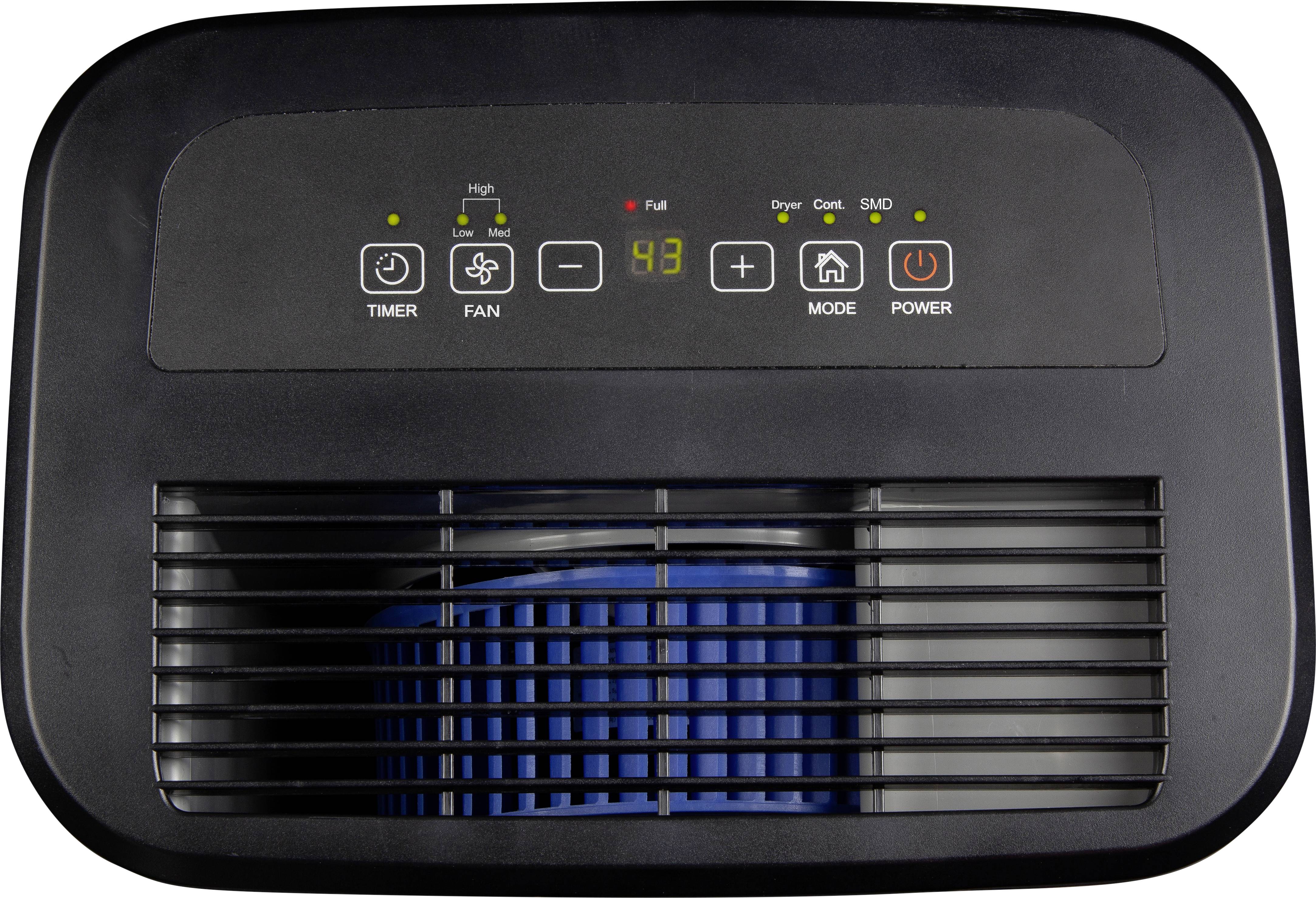 Ein Luftentfeuchter-Bedienfeld mit Anzeigeleuchten für 'Timer', 'Fan', 'Mode' und 'Power'. Zeigt '43' an, Lüfter im Gange.