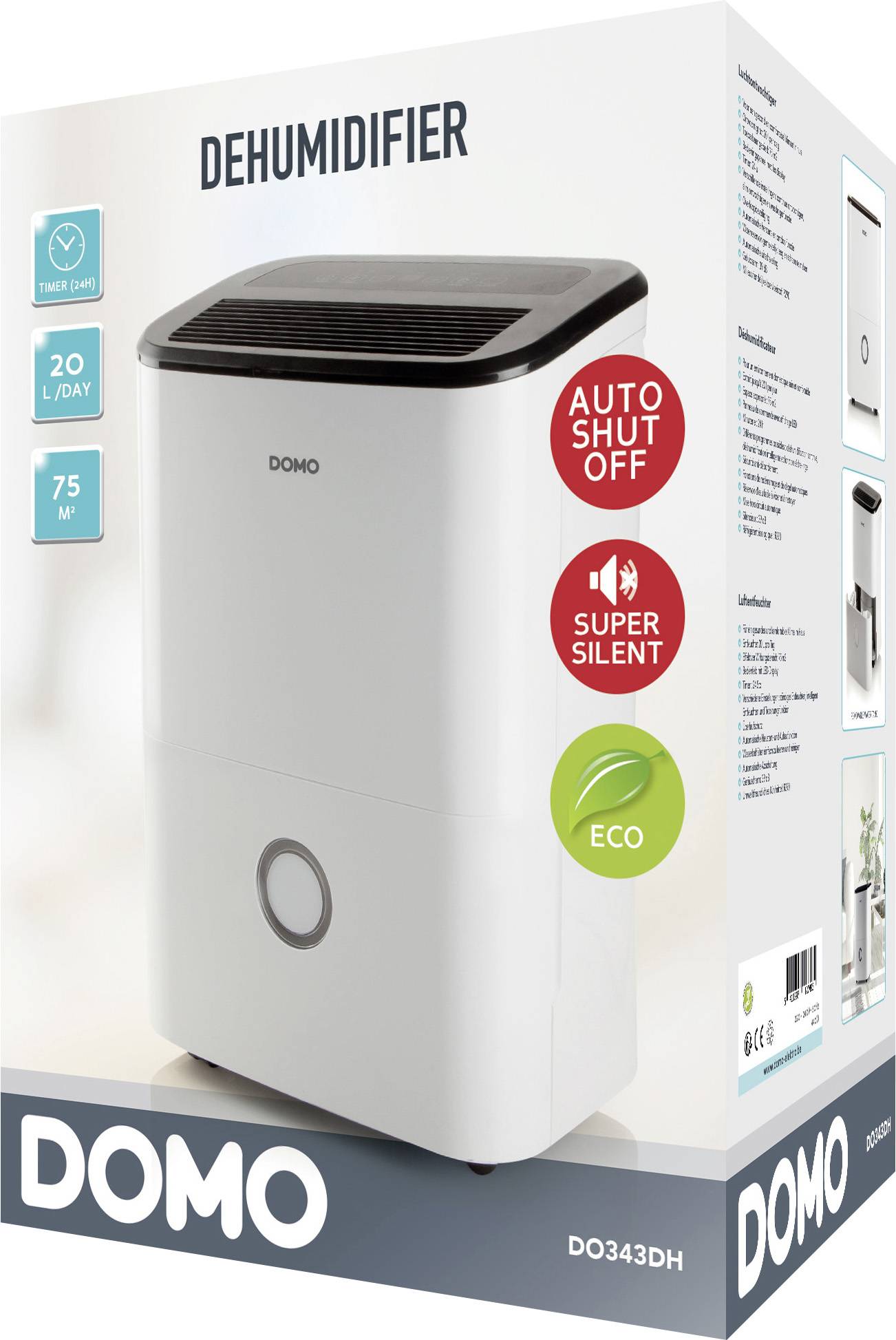 Luftentfeuchter von Domo mit 20 L/Tag Kapazität, geeignet für 75 m². Funktionen: Auto Shut Off, Super Silent, Eco. Modellnummer: DO343DH.