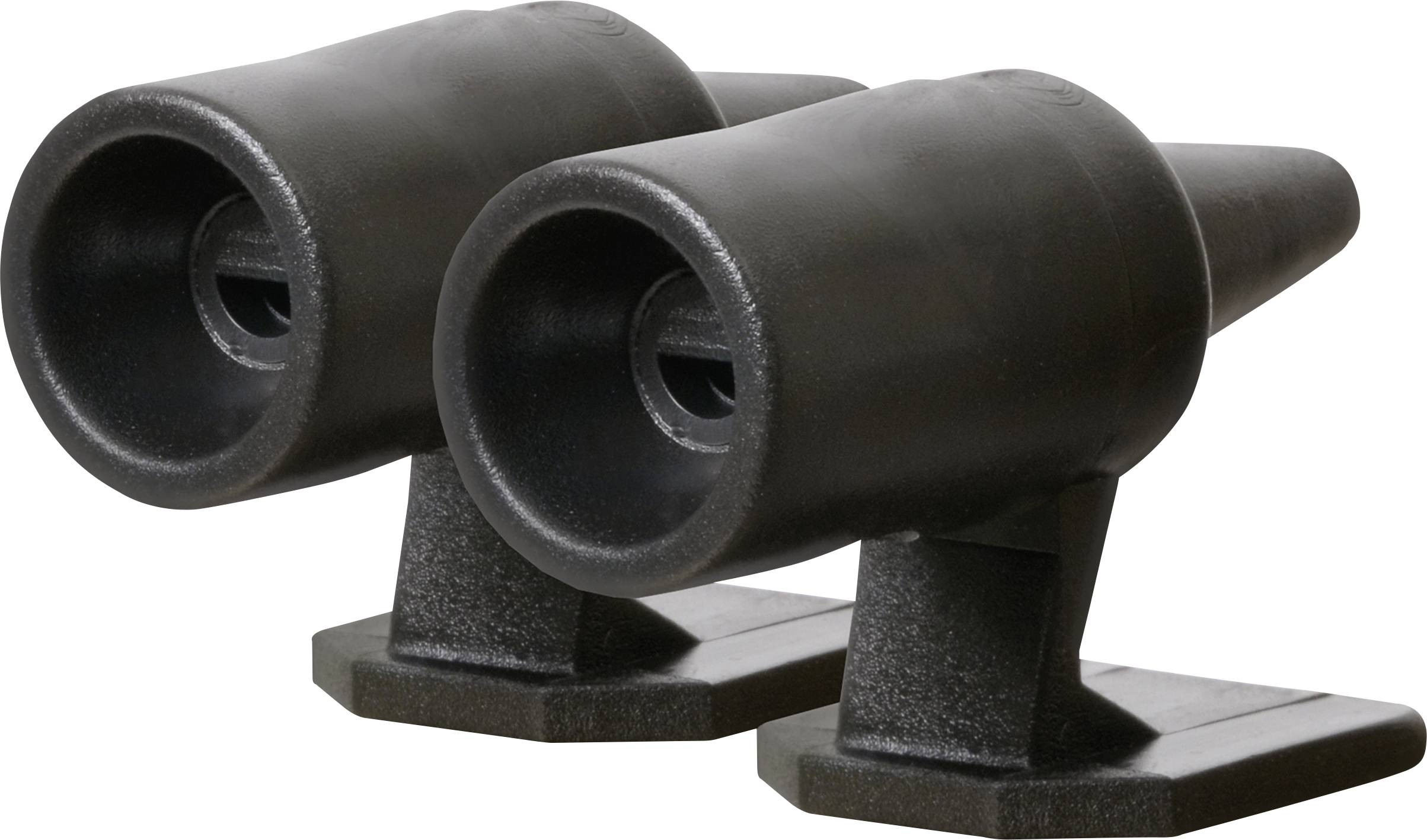 Zwei schwarze Plastikteile mit röhrenförmigen Auslässen, montiert auf rechteckigen Sockeln, zeigen in dieselbe Richtung.