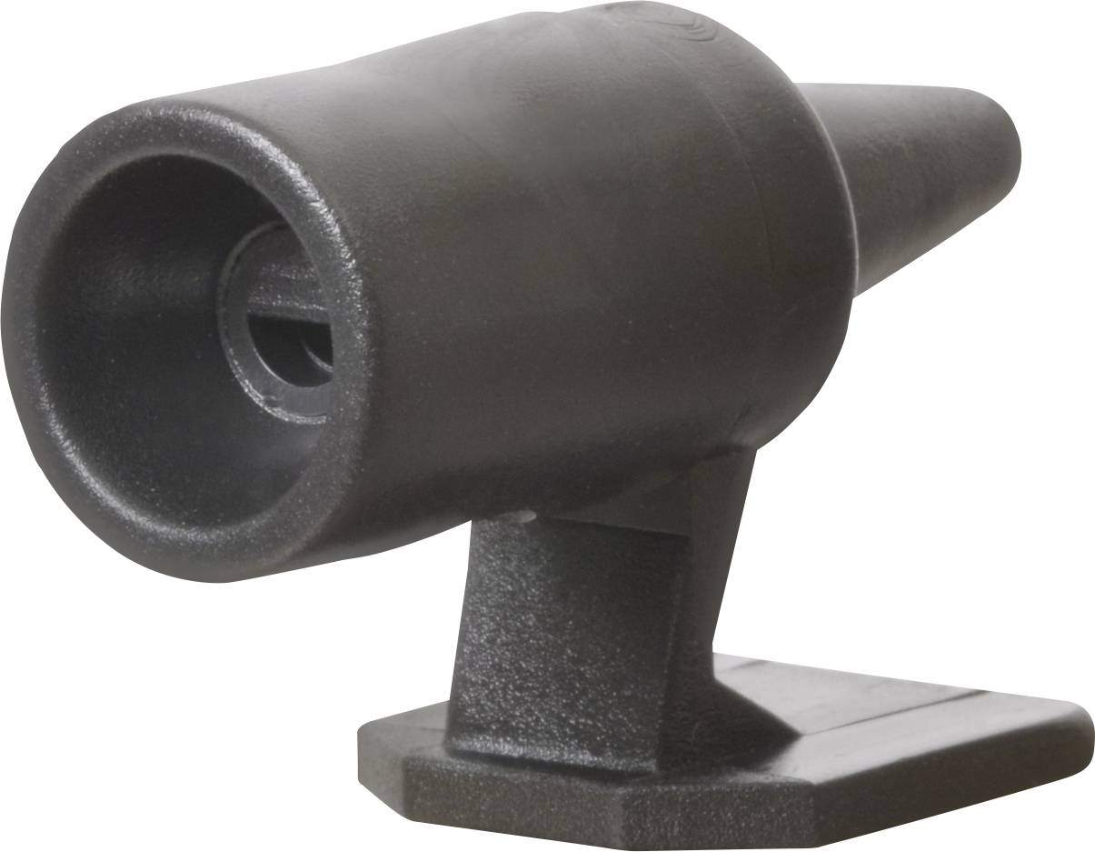 Ein schwarzer Mikrofonständer aus Metall in Y-Form, auf einem rechteckigen Sockel stehend.