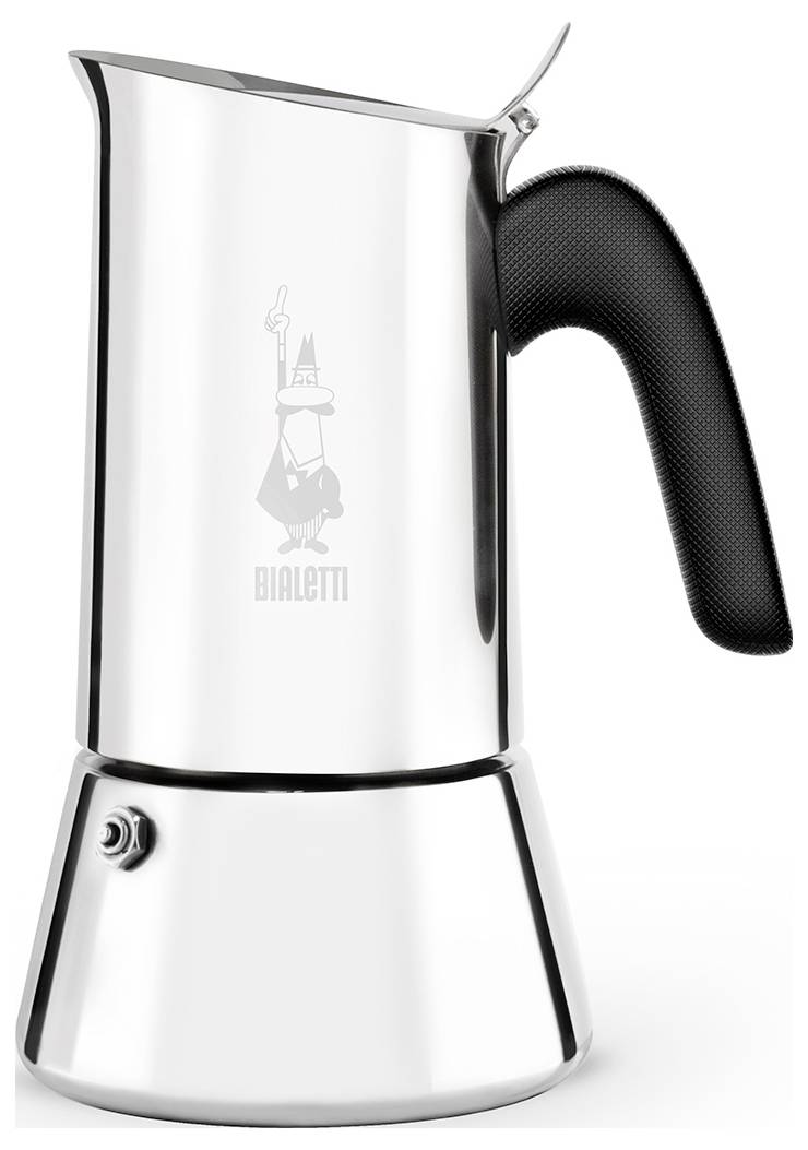 Ein Espressokocher aus Edelstahl mit schwarzem Griff, der ein Logo mit einem Mann mit Schnurrbart und dem Markennamen 'Bialetti' trägt.