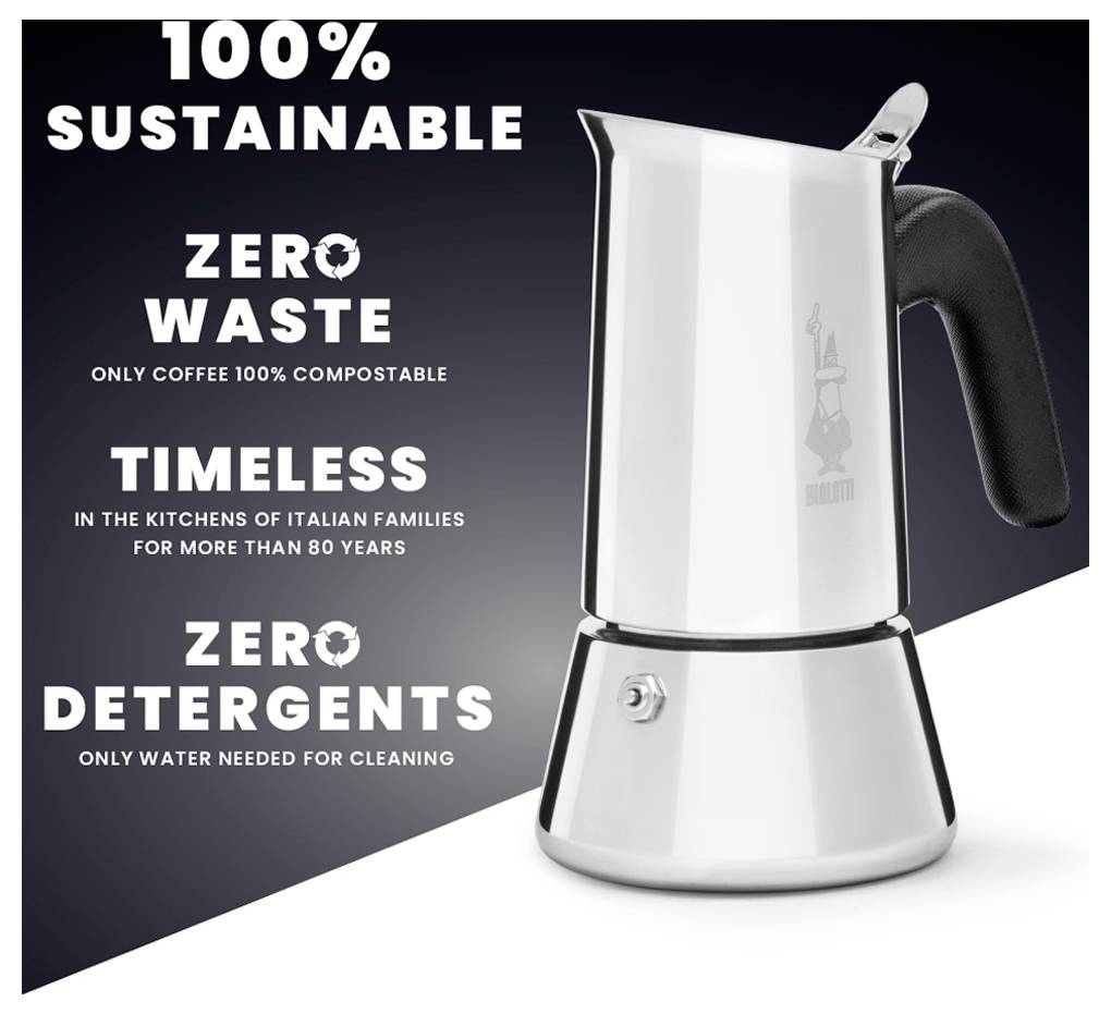 Eine Mokka-Kanne mit Text: '100% Nachhaltig. Null Abfall: Nur Kaffee 100% Kompostierbar. Zeitlos: In italienischen Küchen seit über 80 Jahren. Null Reinigungsmittel: Nur Wasser zur Reinigung notwendig.'