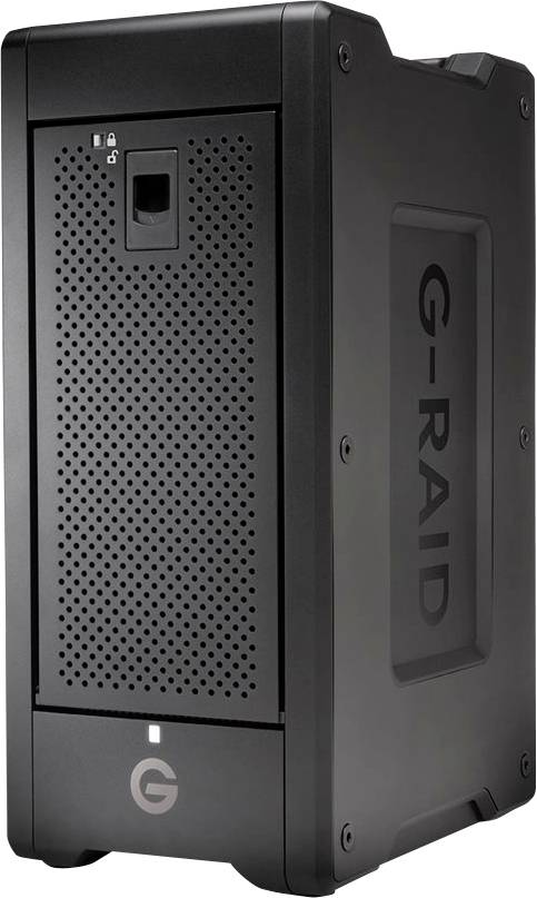 Externes Festplattengehäuse mit dem Schriftzug 'G-RAID' an der Seite. Schwarzes, robustes Design mit Schließmechanismus an der Vorderseite.