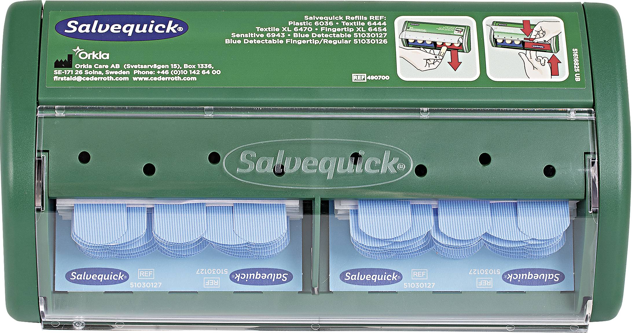 Grüner Salvequick Pflasterspender mit zwei Fächern. Jedes Fach ist mit blauen Pflasterstreifen der Marke Salvequick gefüllt.