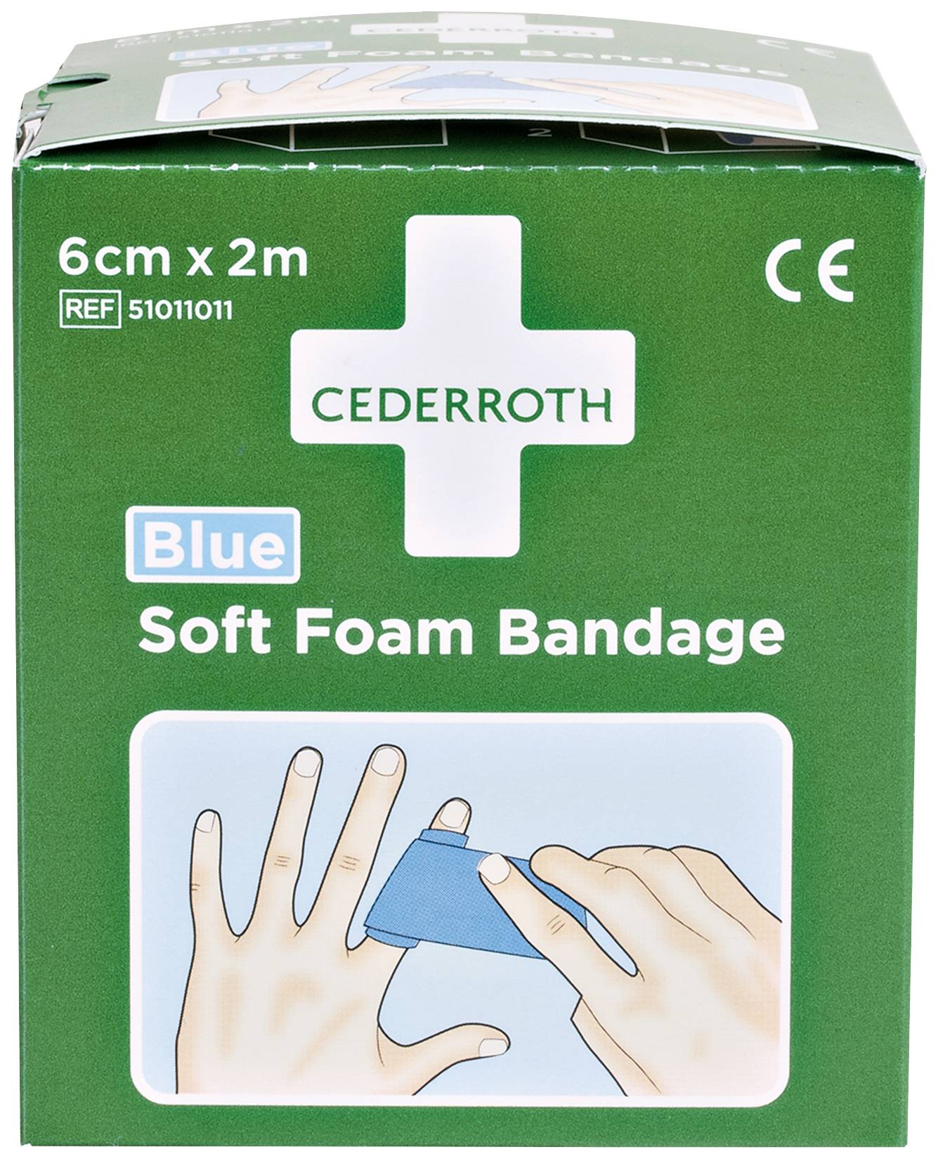 Eine grüne Verpackung mit der Aufschrift 'Cederroth Blue Soft Foam Bandage'. Eine Abbildung zeigt, wie das Band groß um einen Finger gewickelt wird.