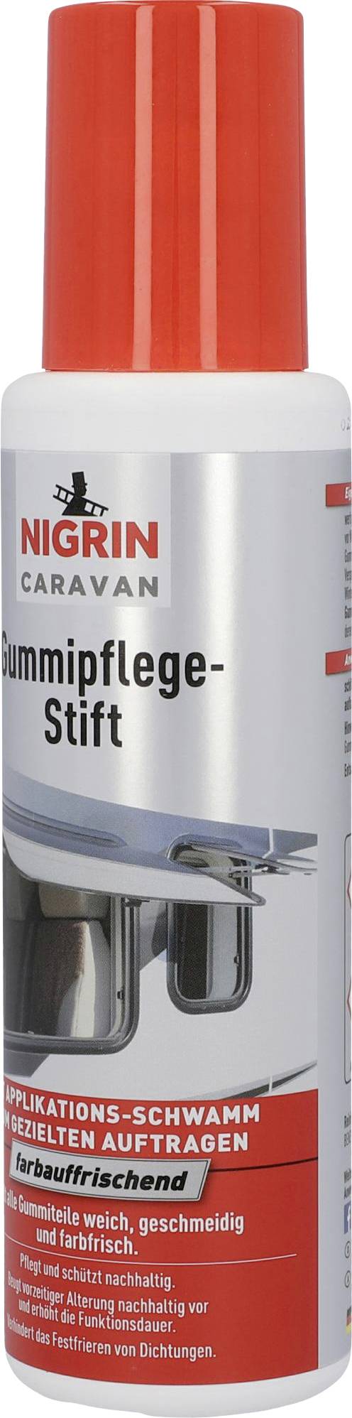 Flasche mit rotem Deckel und Etikett 'NIGRIN Caravan Gummipflege-Stift'. Zur Pflege von Gummidichtungen an Fahrzeugen.