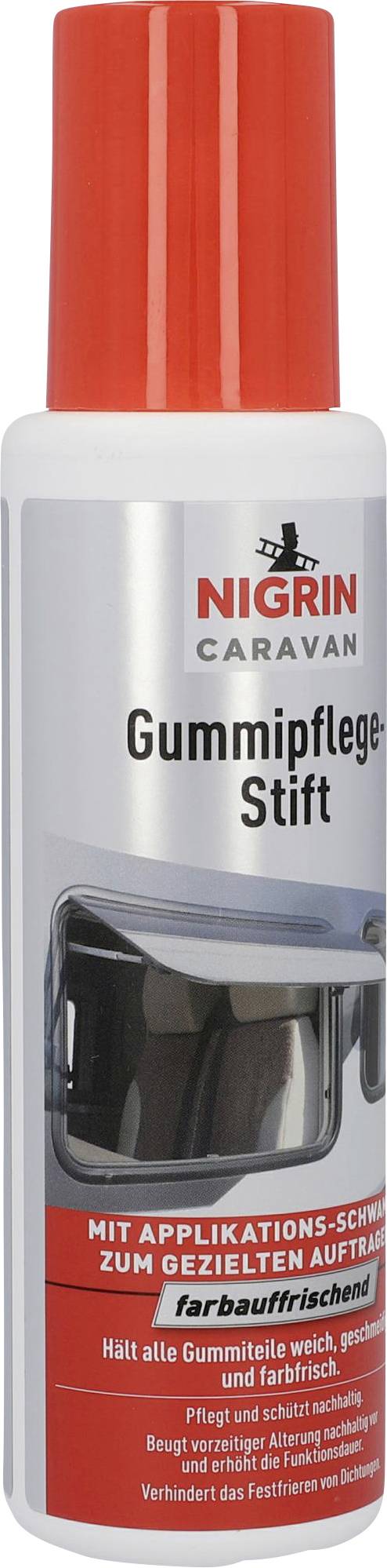Nigrin Gummipflege-Stift für Autodichtungen. Rote Kappe, weiße Flasche mit Bild eines Autofensters. Zum Schutz und Auffrischung von Gummi.