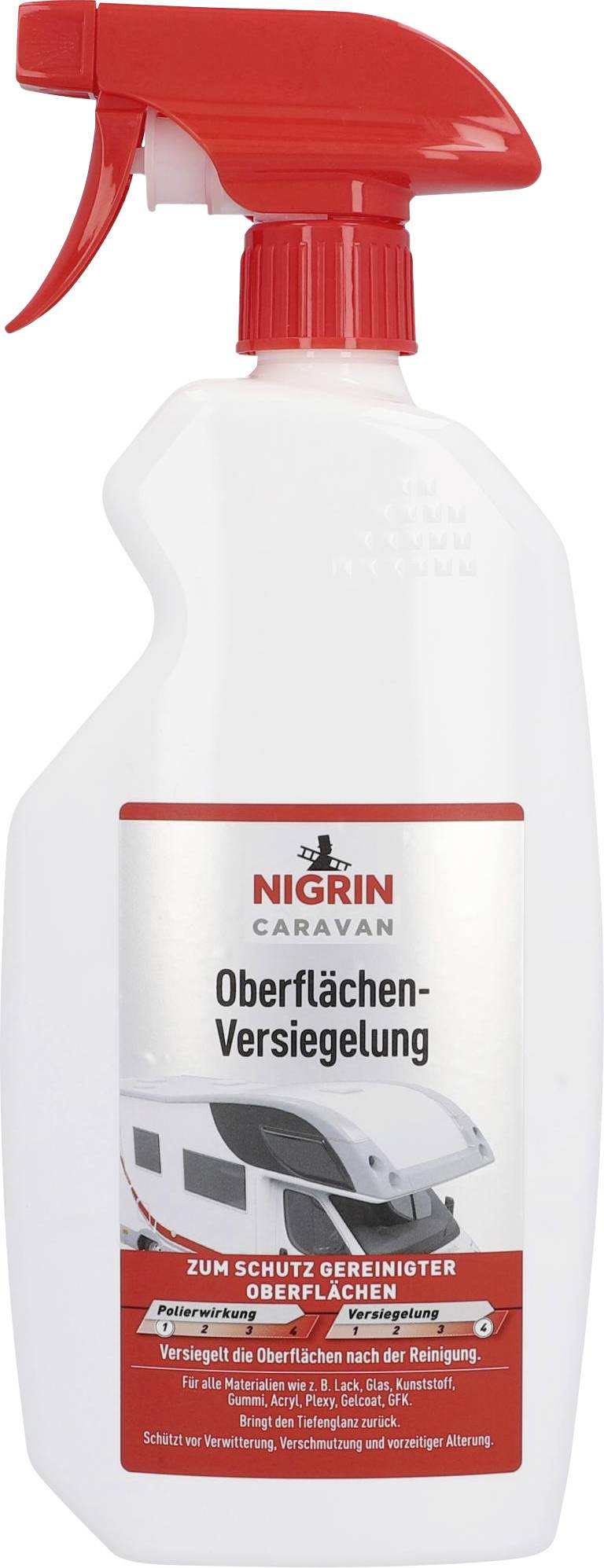 Eine Sprühflasche mit rotem Griff von Nigrin, Aufschrift 'Oberflächen-Versiegelung' für den Schutz von gereinigten Oberflächen.