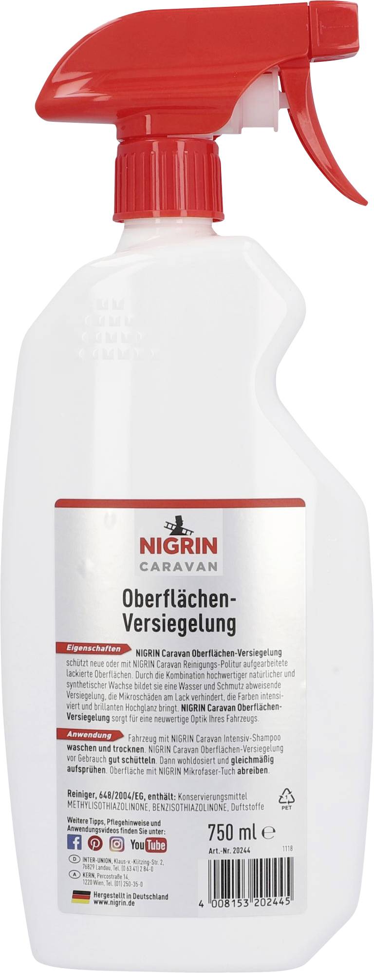 Sprühflasche mit rotem Sprühkopf, Etikett 'Nigrin Caravan Oberflächen-Versiegelung', 750 ml, reinigt und schützt Oberflächen.