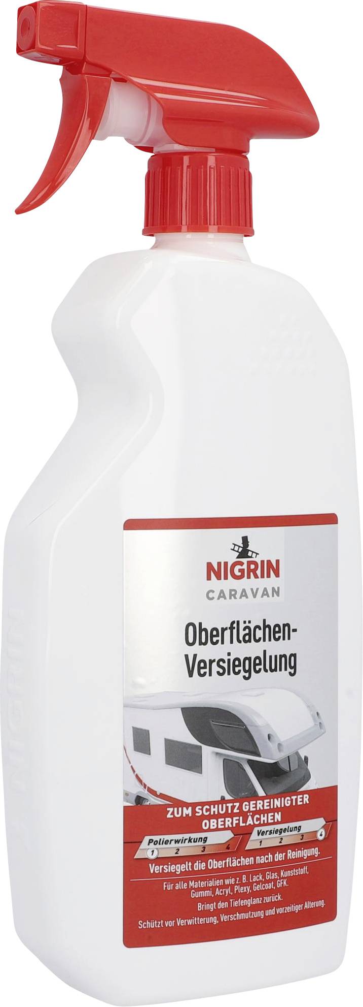 Das Bild zeigt eine Flasche Nigrin Caravan Oberflächen-Versiegelung mit rotem Sprühkopf. Zum Schutz gereinigter Oberflächen.