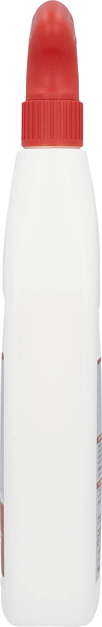 Weiße Plastikflasche mit rotem Deckel, vertikal stehend.