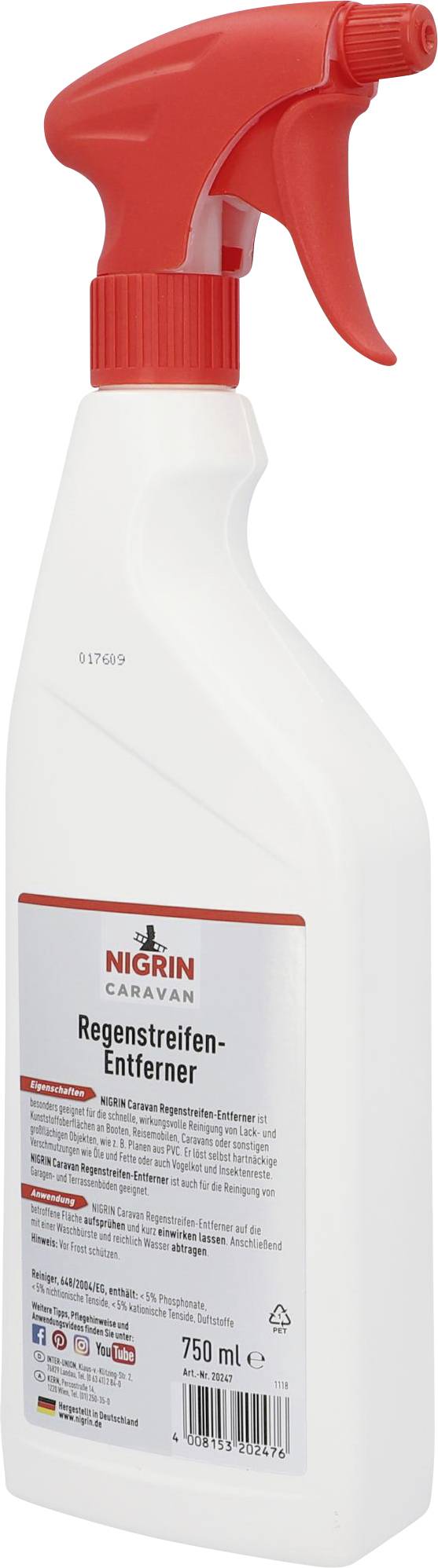 Weiße Sprühflasche mit rotem Sprühkopf. Etikett: 'Regenstreifen-Entferner'. Marke Nigrin, 750 ml.
