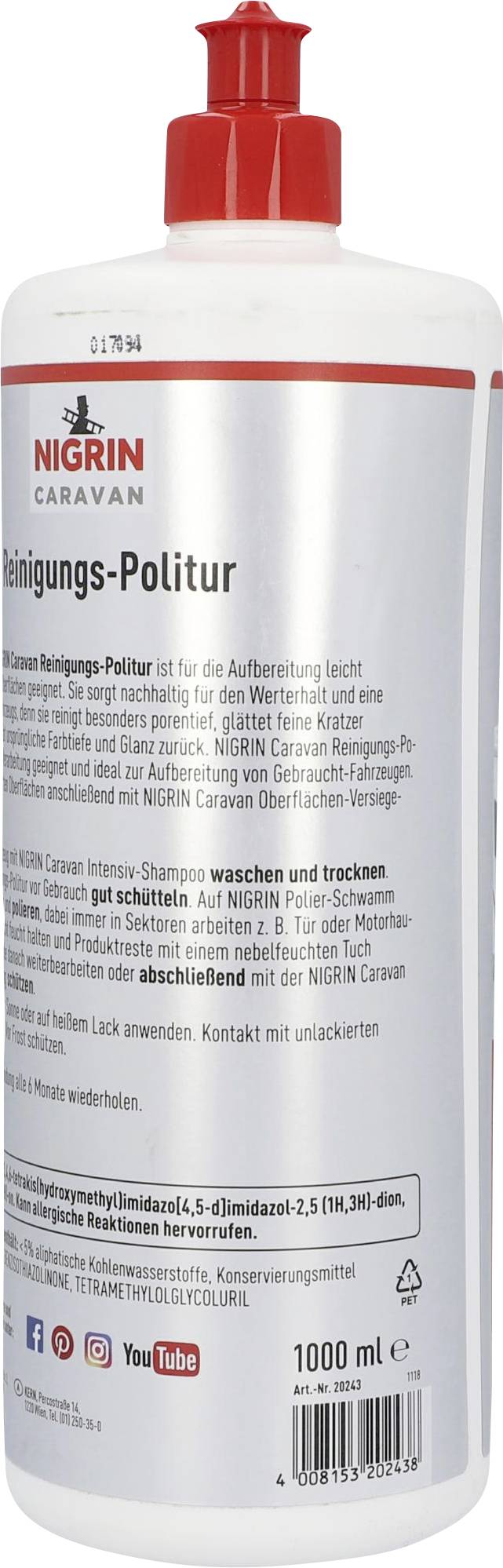 Flasche Nigrin Caravan Reinigungs-Politur, 1000 ml, mit rotem Verschluss. Geeignet für Lackpflege und Oberflächenschutz.
