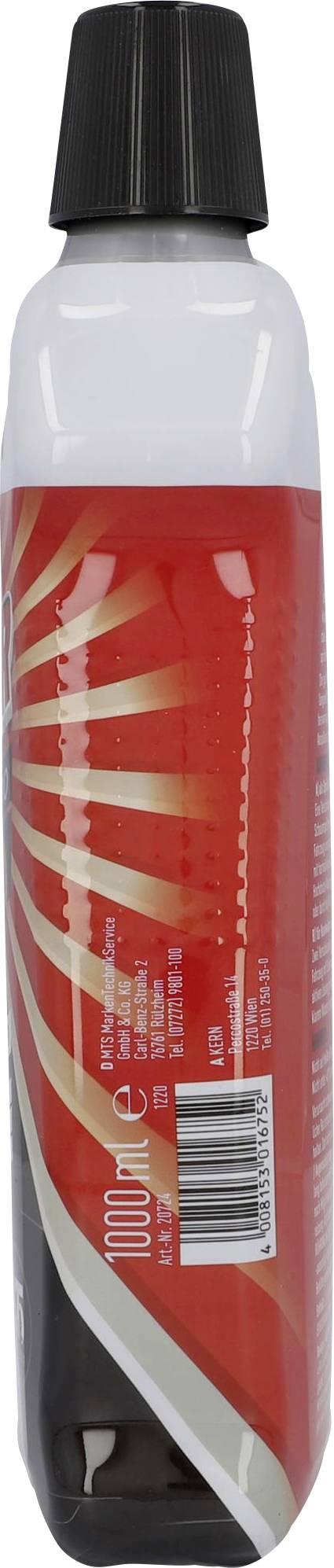 Flasche mit rotem Etikett und schwarzem Verschluss. Enthält Barcode und Textelemente.