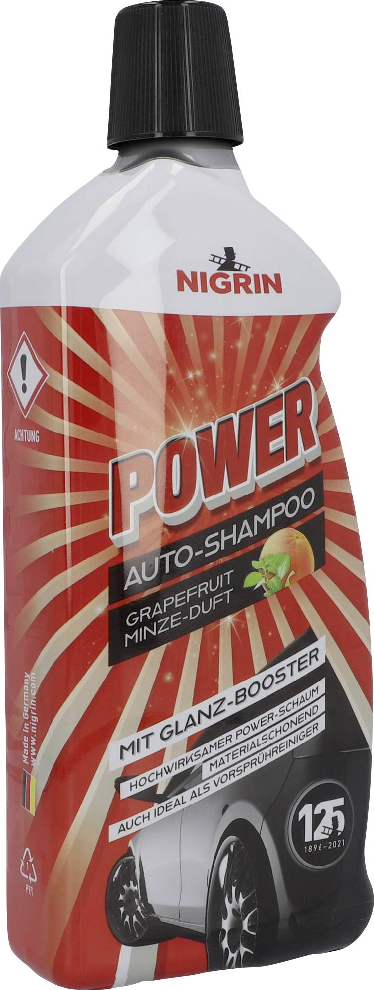 Eine rote Plastikflasche mit Nigrin Power Auto-Shampoo, Grapefruit-Minz-Duft. Enthält Glanz-Booster für intensive Reinigung.
