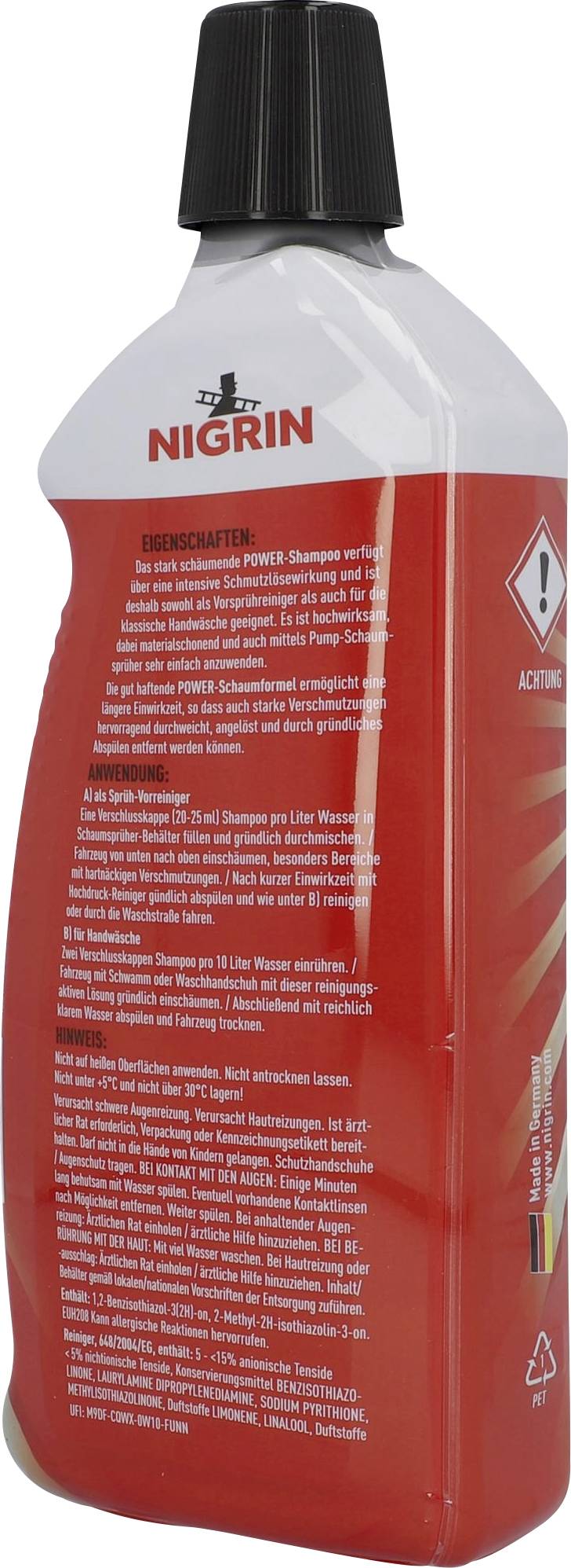 Flasche mit rotem Etikett von Nigrin. Enthält Angaben zur Anwendung und Sicherheitswarnungen. Symbol für gefährliche Substanzen sichtbar.