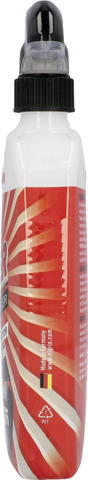 Eine weiße Flasche mit rotem Etikett und Sonnendesign. Die Flasche hat einen schwarzen Deckel. Kein Text erkennbar.