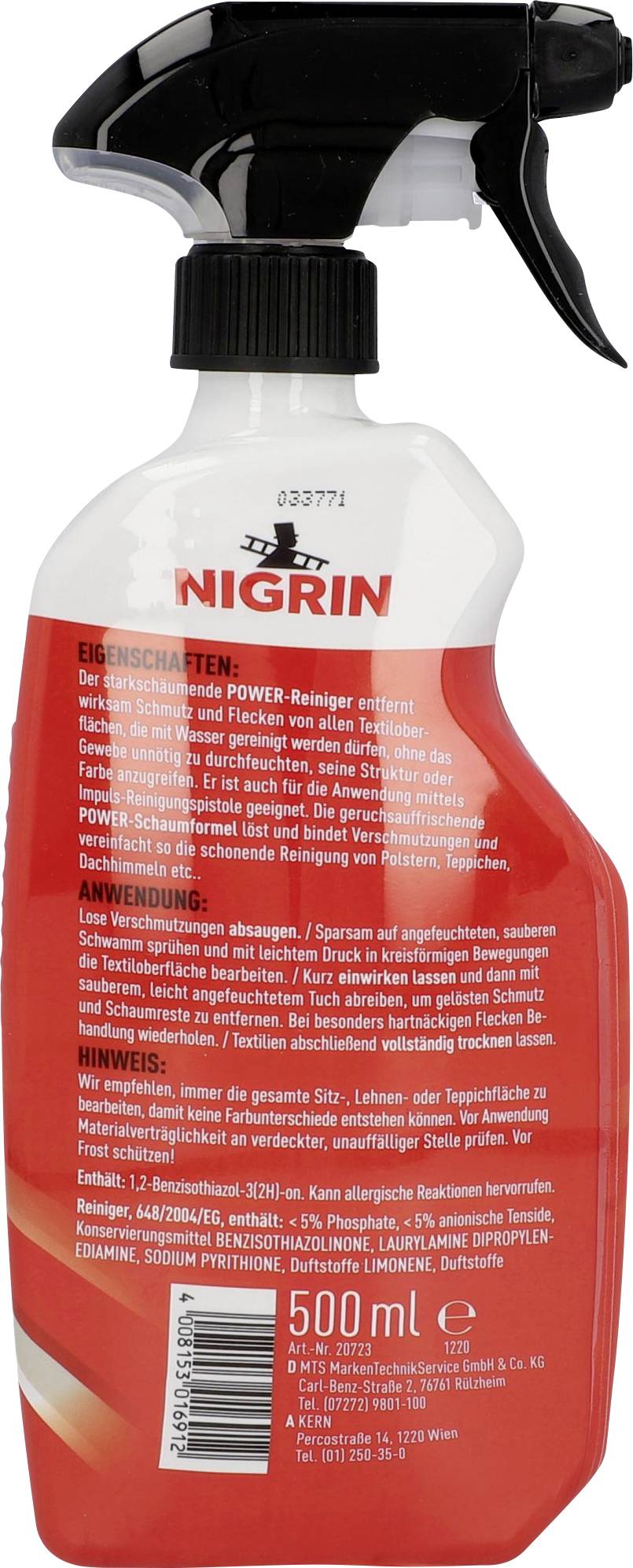 Rote Sprühflasche von Nigrin mit 500 ml Inhalt. Beschriftung erklärt Eigenschaften und Anwendung von Power-Reiniger zur Fleckenentfernung.