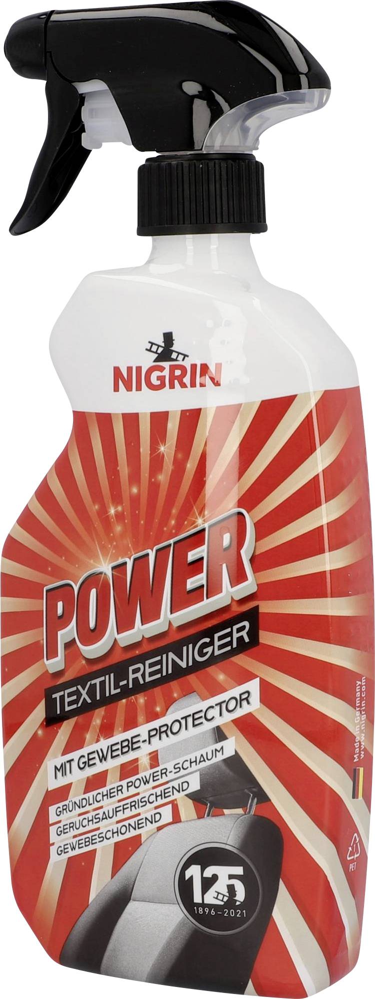 Sprühflasche Nigrin Power Textil-Reiniger, reinigt Gewebe gründlich, mit Power-Schaum, 125 Jahre Jubiläum, rotes Etikett.