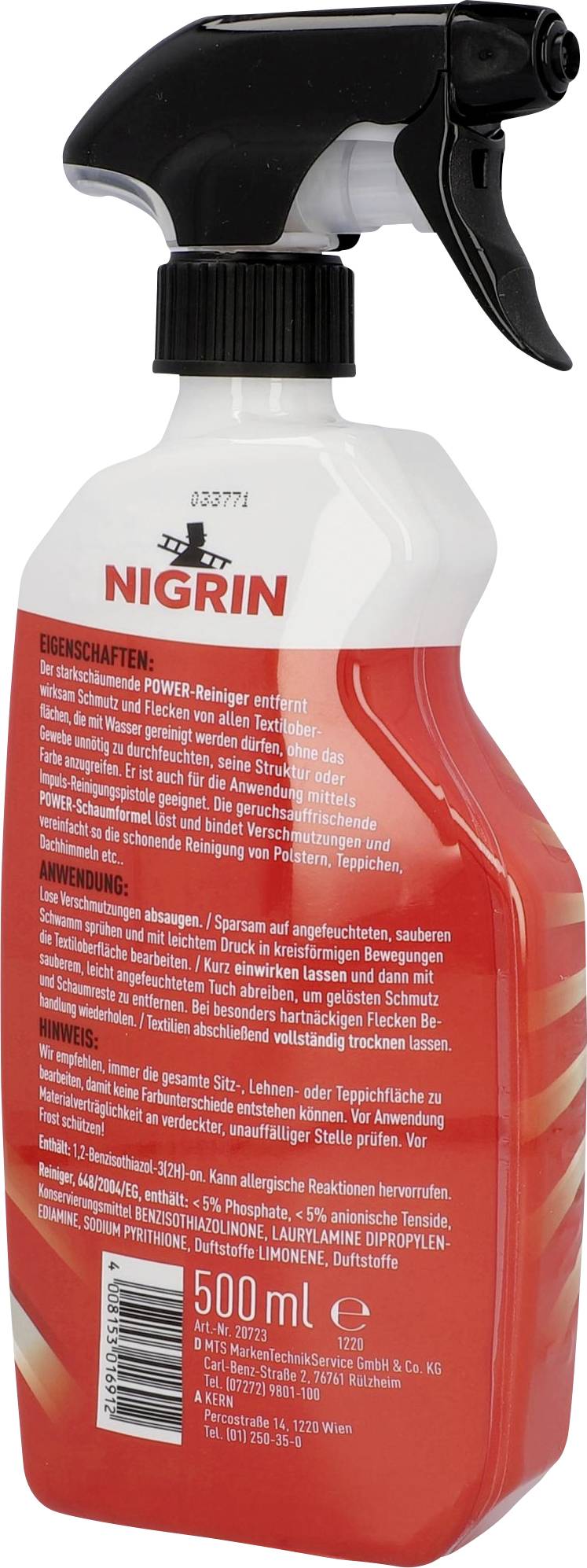 Eine rote Sprühflasche mit schwarzem Griff, 500 ml Nigrin Power-Reiniger. Enthält Anweisungen auf der Flasche zur Anwendung und Warnhinweise.