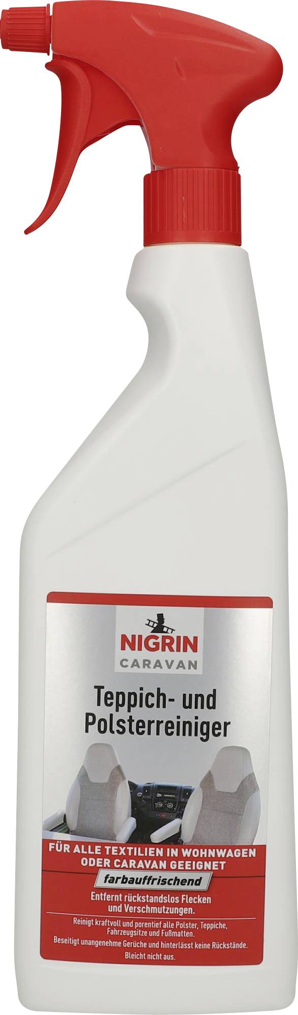 Sprühflasche mit rotem Kopf, darauf ein Etikett von 'Nigrin Caravan Teppich- und Polsterreiniger', für Textilien in Wohnwagen.