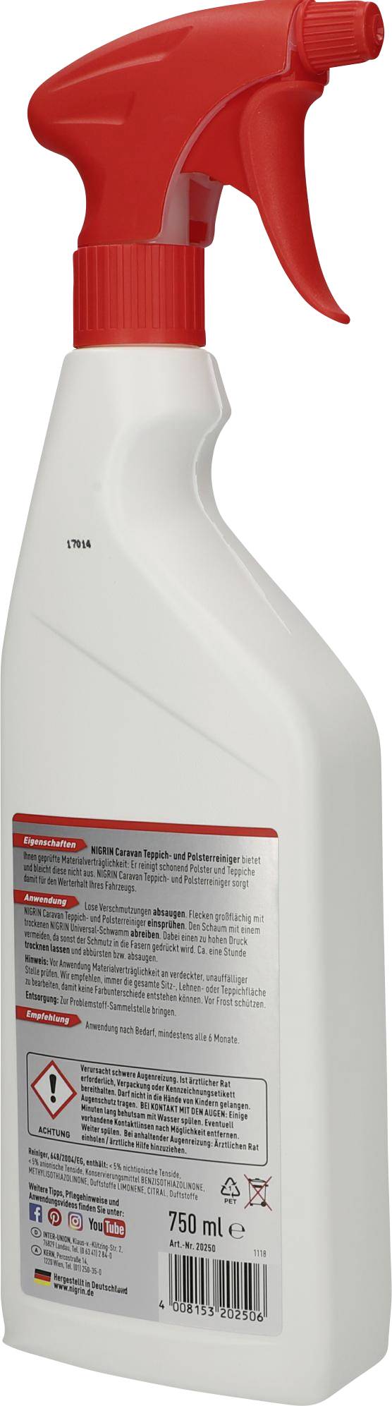 Weiße Sprühflasche mit rotem Sprühkopf, enthält Reinigungslösung. Sicherheits- und Anwendungshinweise deutlich sichtbar auf der Rückseite. Inhalt: 750 ml.