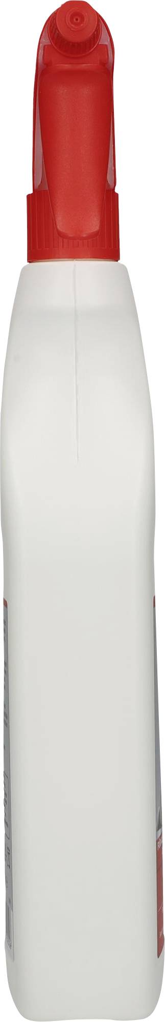 Weiße Kunststoffflasche mit roter Kappe, typisches Design für Reinigungs- oder Pflegeprodukte.