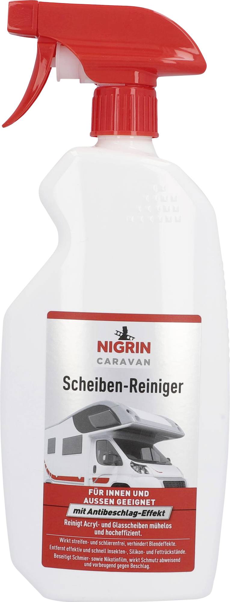 Sprühflasche mit rotem Sprühkopf. Etikett zeigt Bild eines Wohnwagens und Text: 'Scheiben-Reiniger'. Geeignet für innen und außen.
