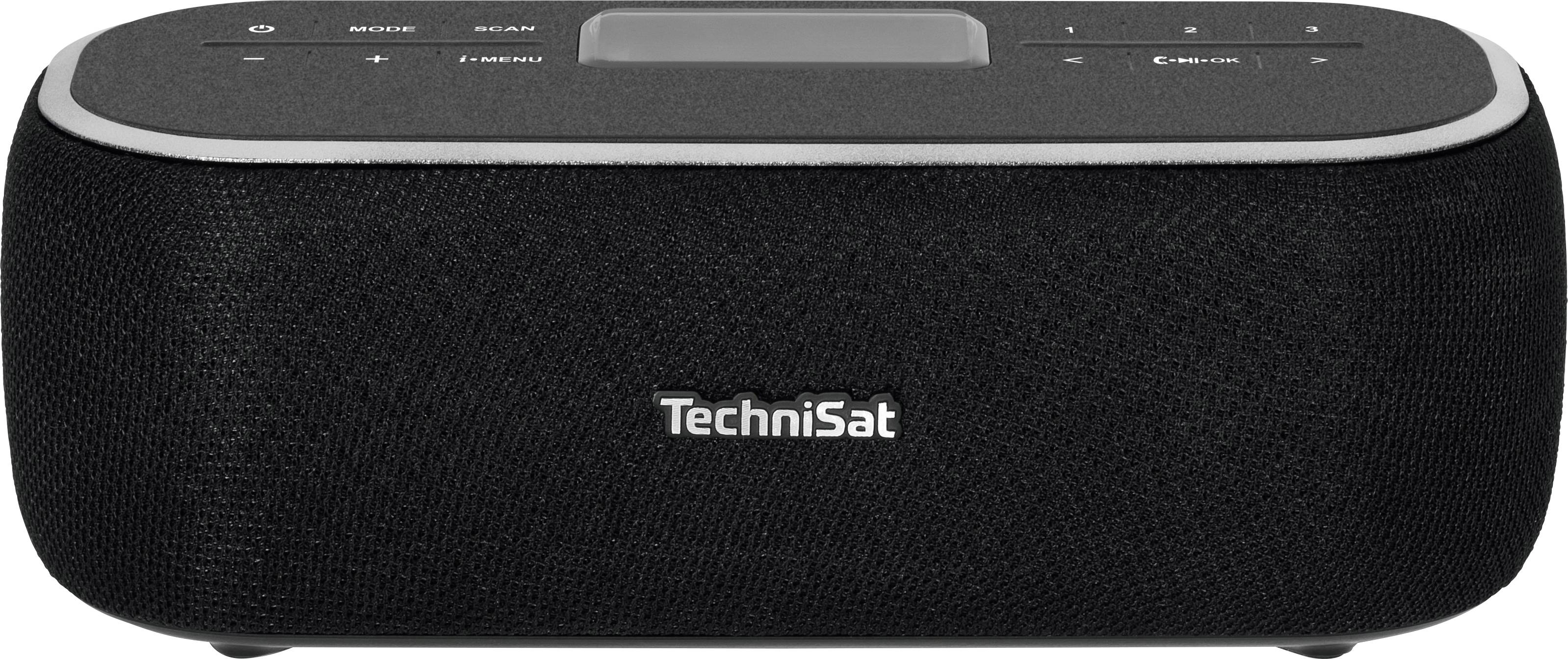 Ein schwarzes TechniSat-Radio mit einem Display und Bedientasten auf der Oberseite, geeignet für den Empfang digitaler Radiosender.