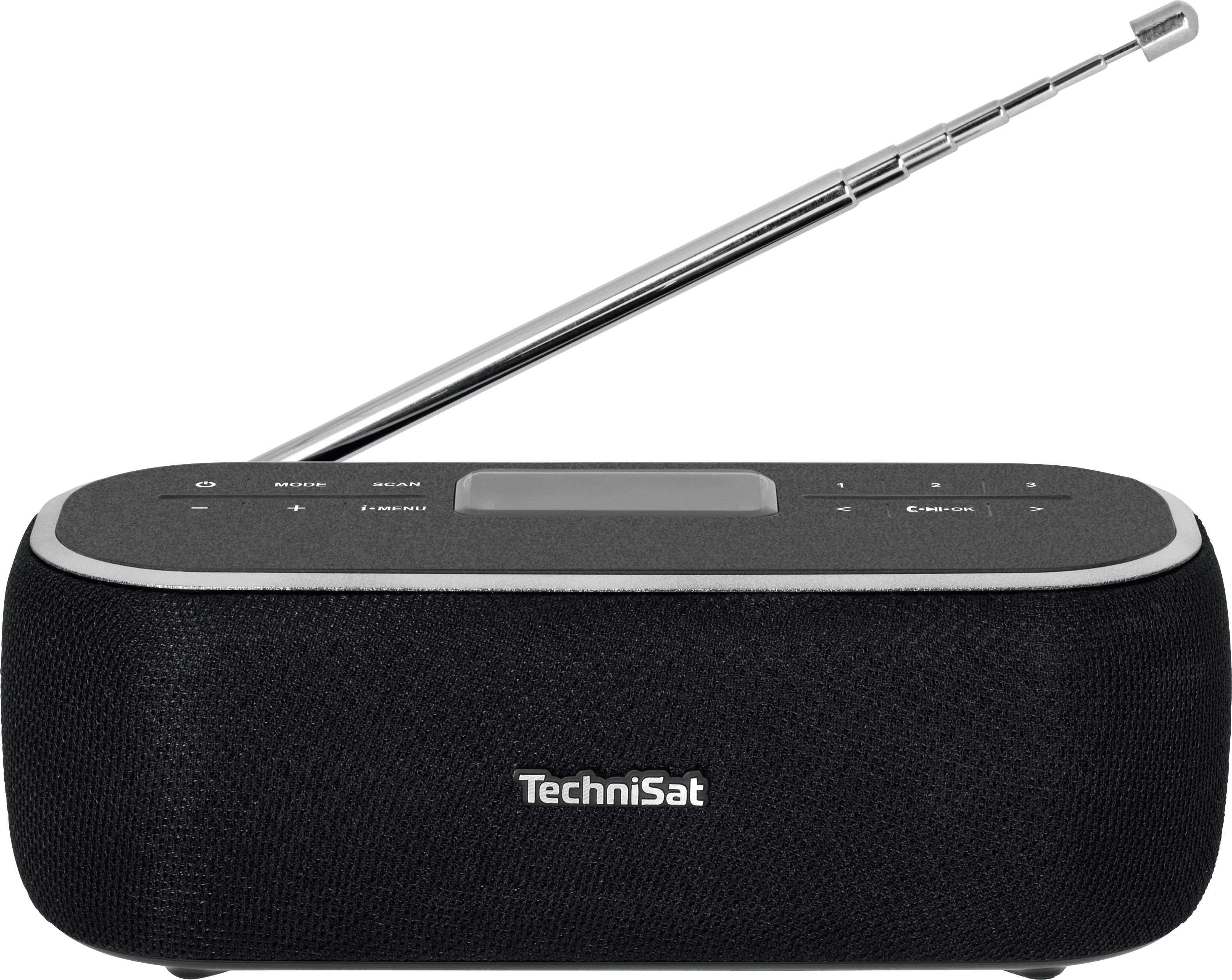 Schwarzes tragbares FM/DAB/DAB+ Radio von TechniSat mit ausziehbarer Antenne und Bedienelementen auf der Oberseite.