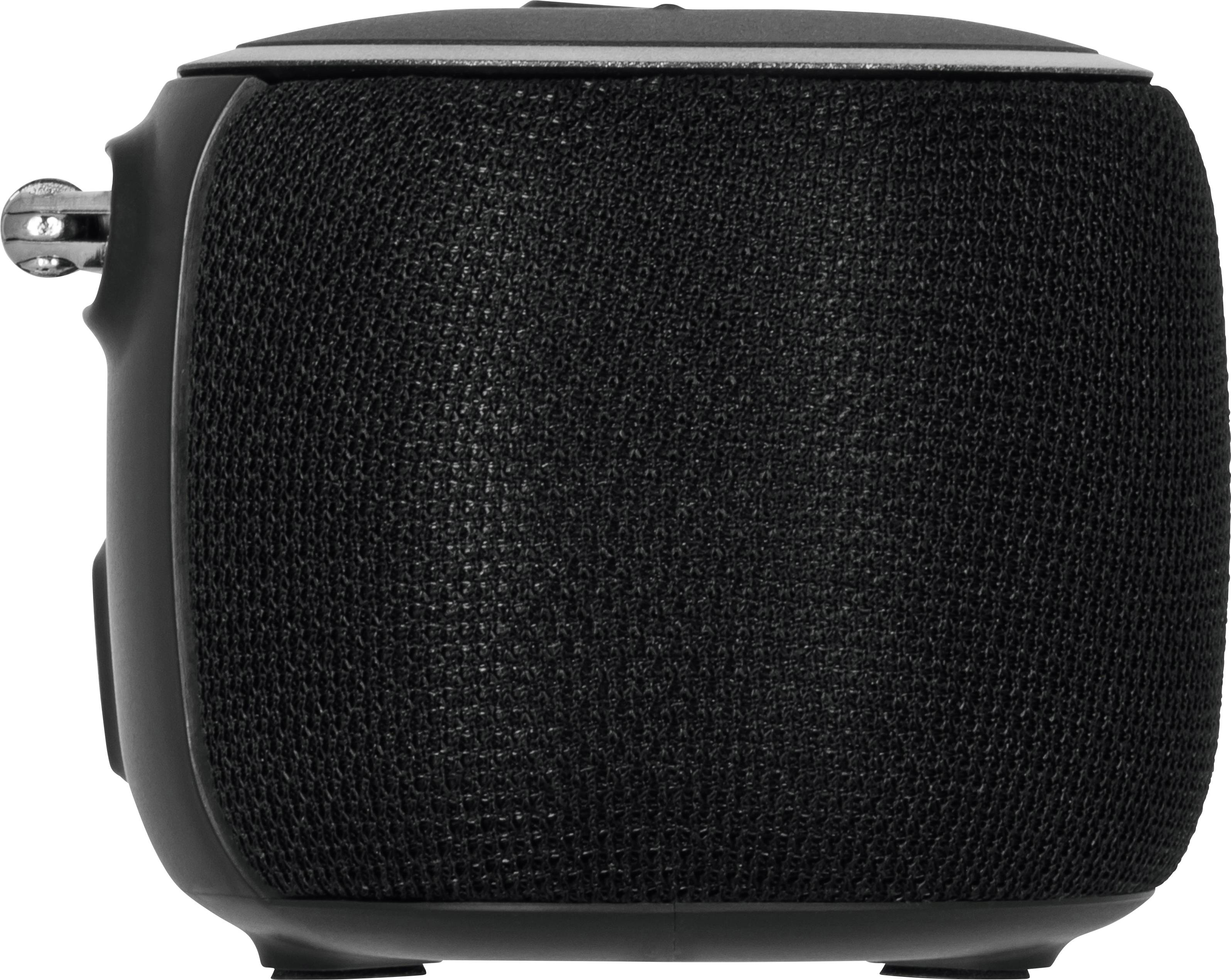 Ein schwarzer Bluetooth-Lautsprecher mit abgerundeten Ecken und einem Netzgitter auf der Vorderseite, seitlich gesehen.