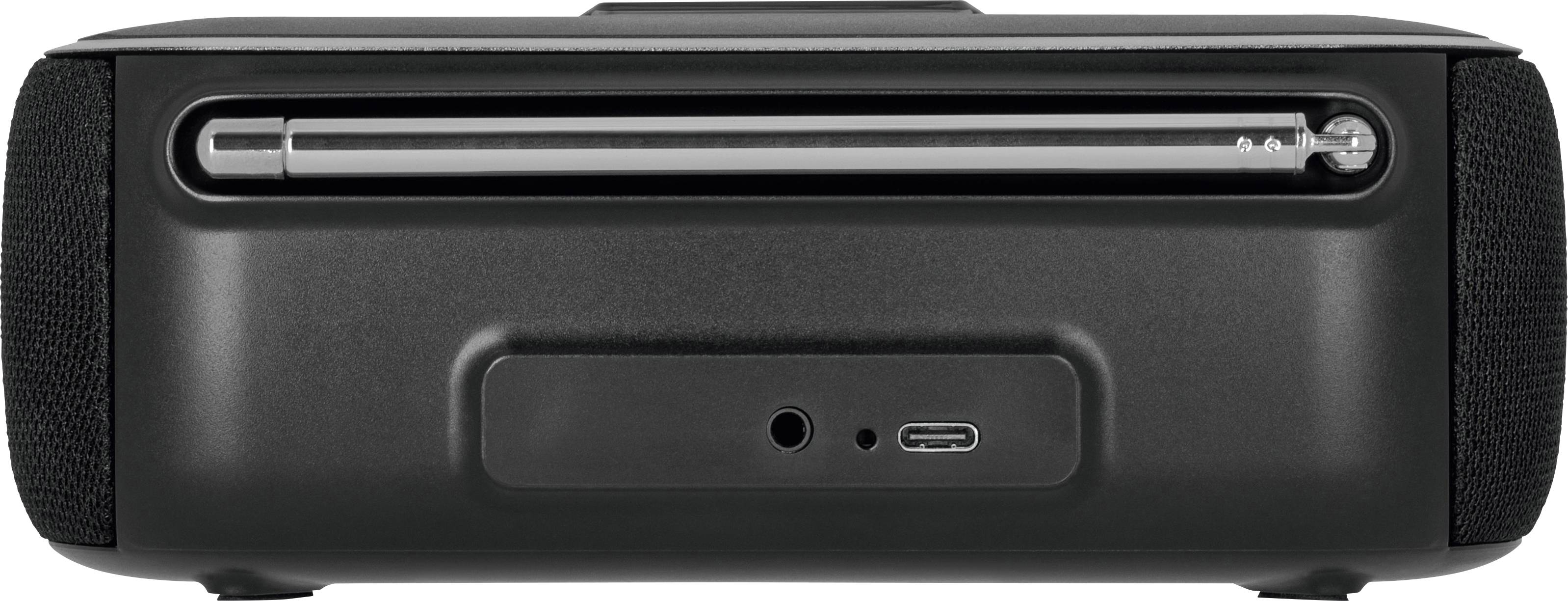Rückansicht eines schwarzen, tragbaren Lautsprechers mit USB-C- und AUX-Anschluss.
