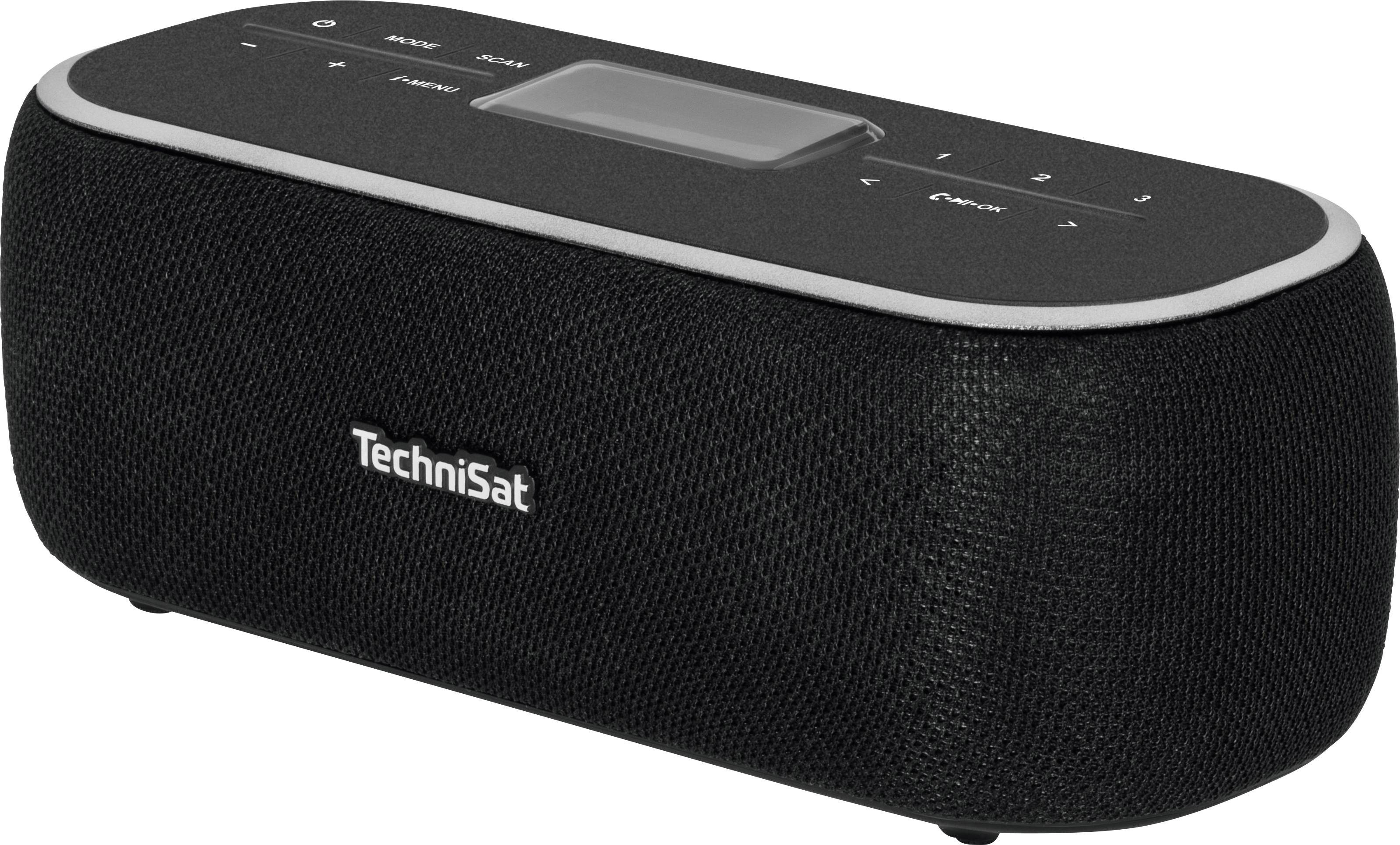 Schwarzer tragbarer Lautsprecher mit einem digitalen Display oben, von Technisat. Geeignet für Musikstreaming und Radioempfang.