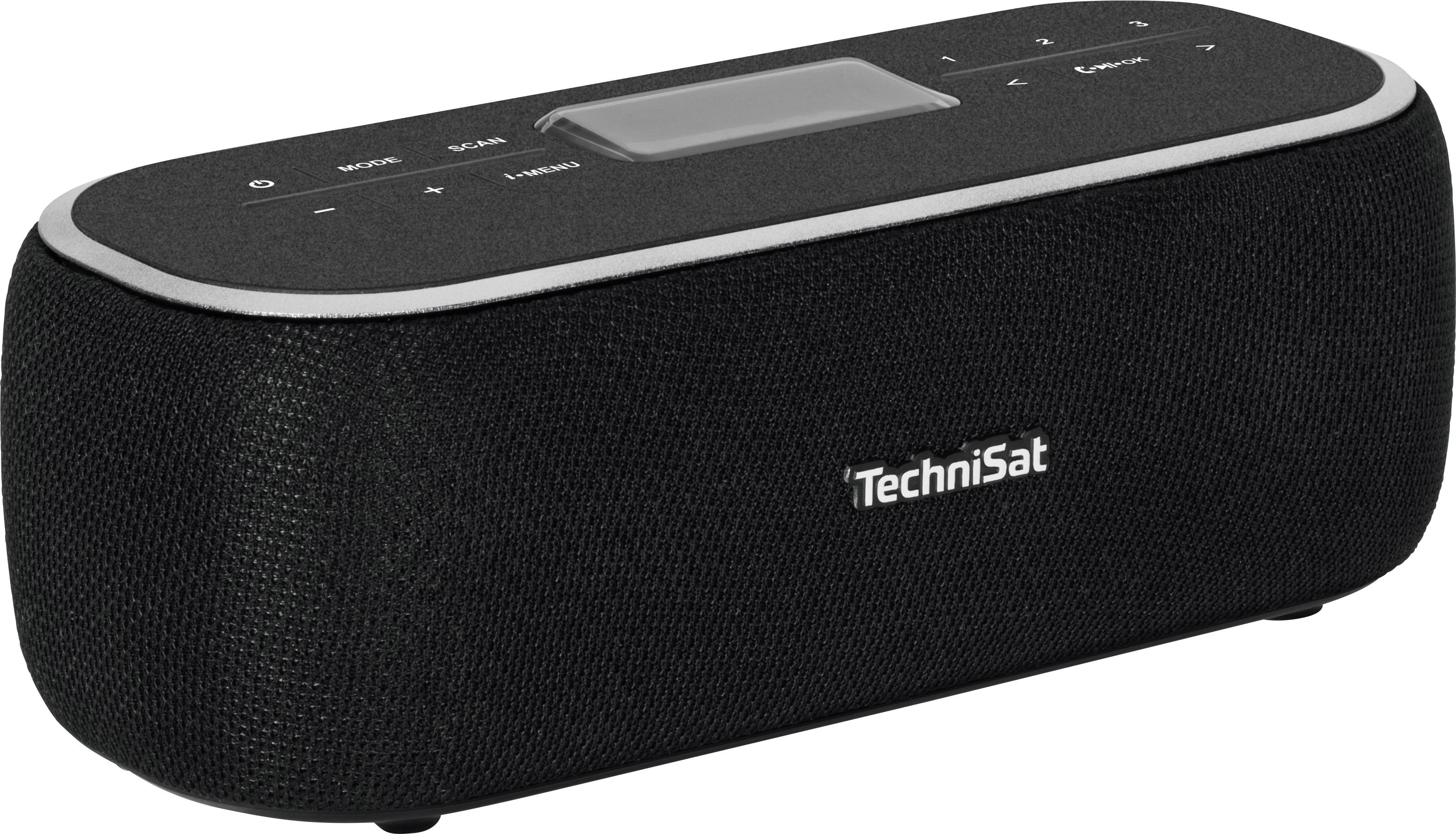 Ein schwarzes TechniSat-Radio mit Stoffüberzug, rechteckiger Form. Auf der Oberseite befinden sich Tasten und ein Display.