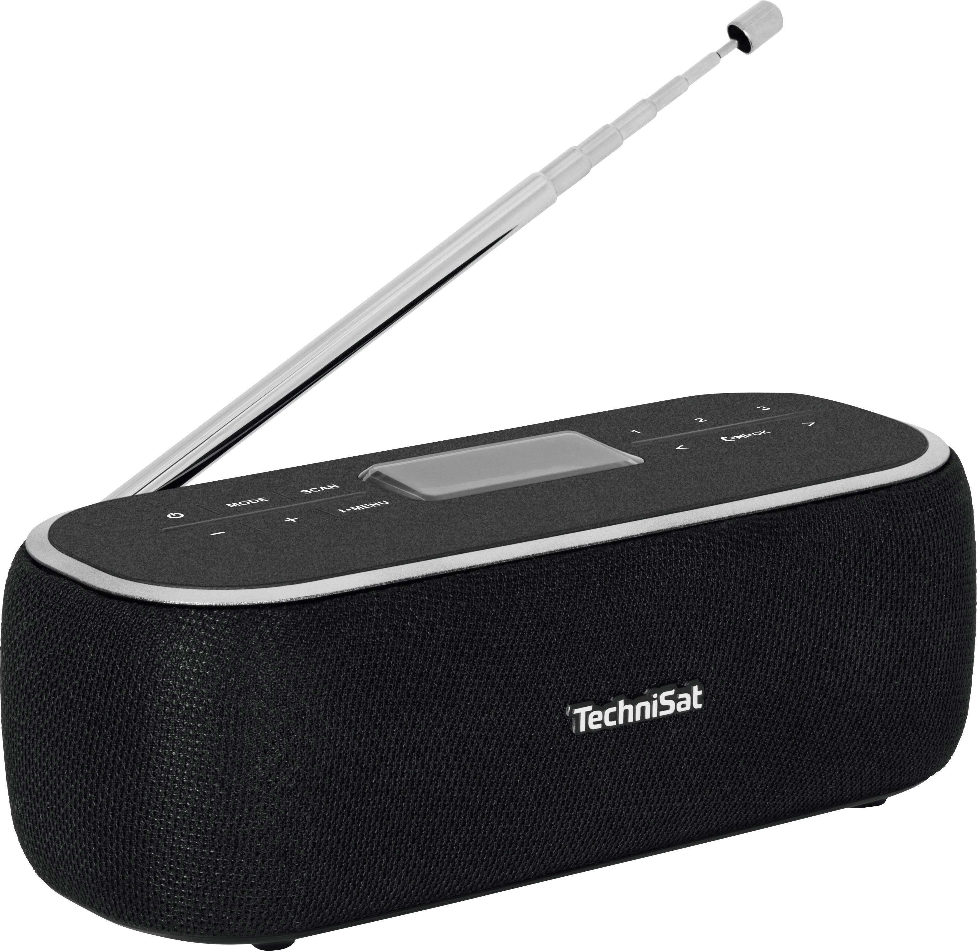 Ein tragbares, schwarzes Radio der Marke TechniSat mit einer ausziehbaren Antenne und Bedienungstasten auf der Oberseite.
