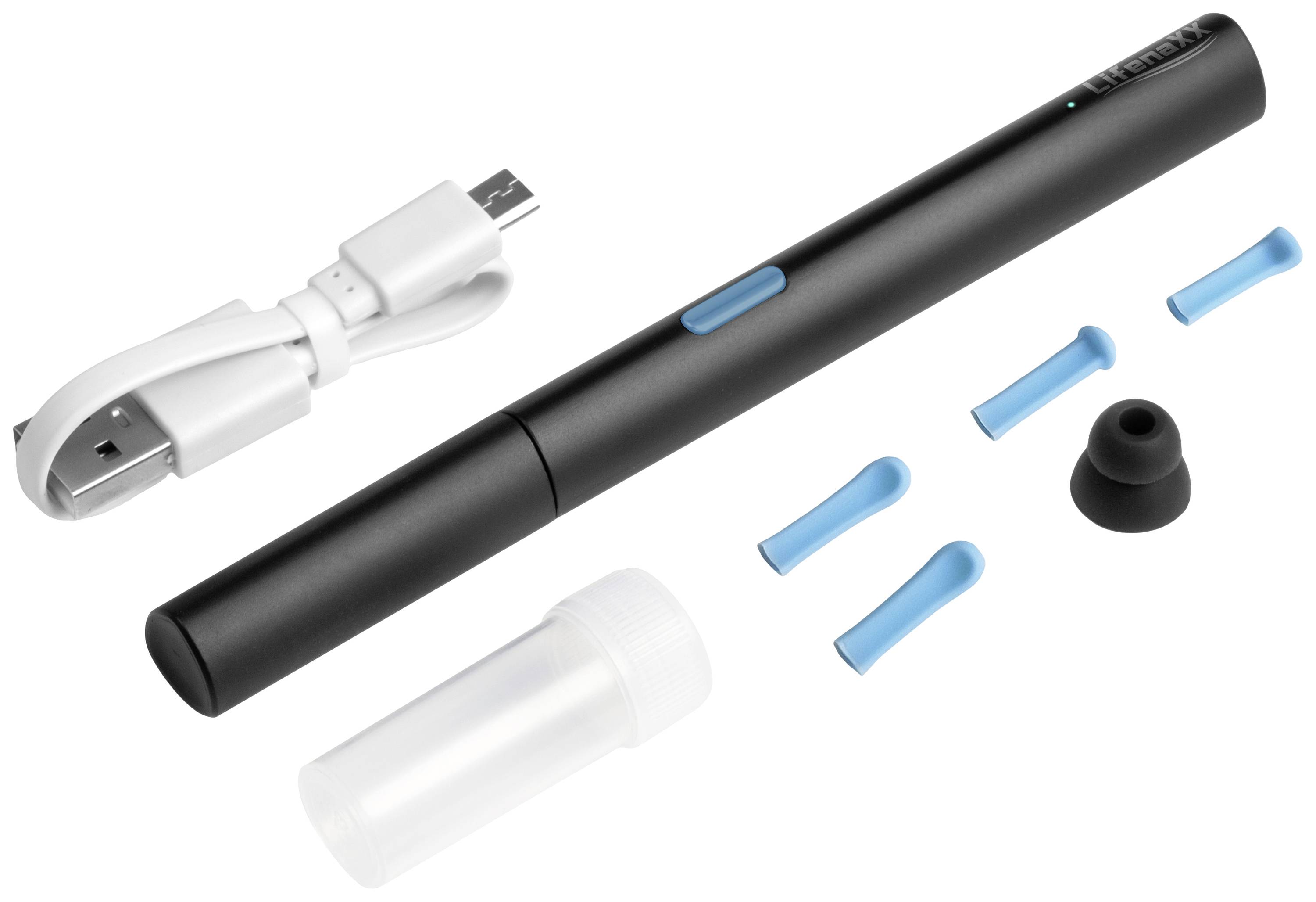 Ein schwarzes elektronisches Gerät mit USB-Kabel, blauen Spitzen und einem Ständer. Zubehörteile sind ebenfalls abgebildet.