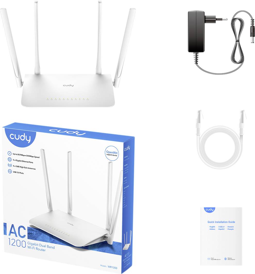 CUDY WR1300, Wi-Fi 5 (802.11ac), Dual-Band (2,4 GHz/5 GHz), Eingebauter Ethernet-Anschluss, Weiß, Ta