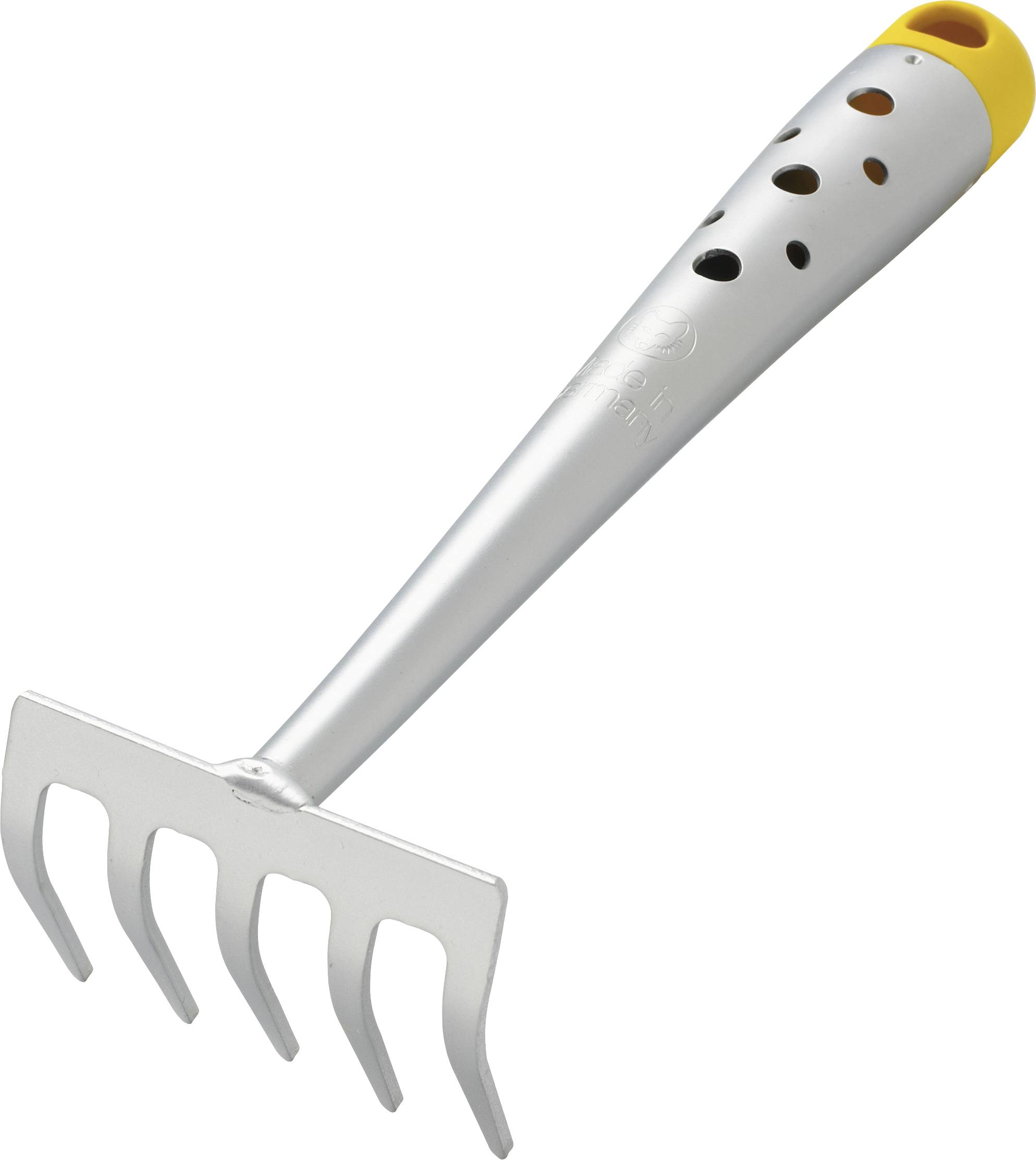 Silberfarbene Handharke mit gelbem Griff, fünf Zinken, geeignet für Gartenarbeiten.