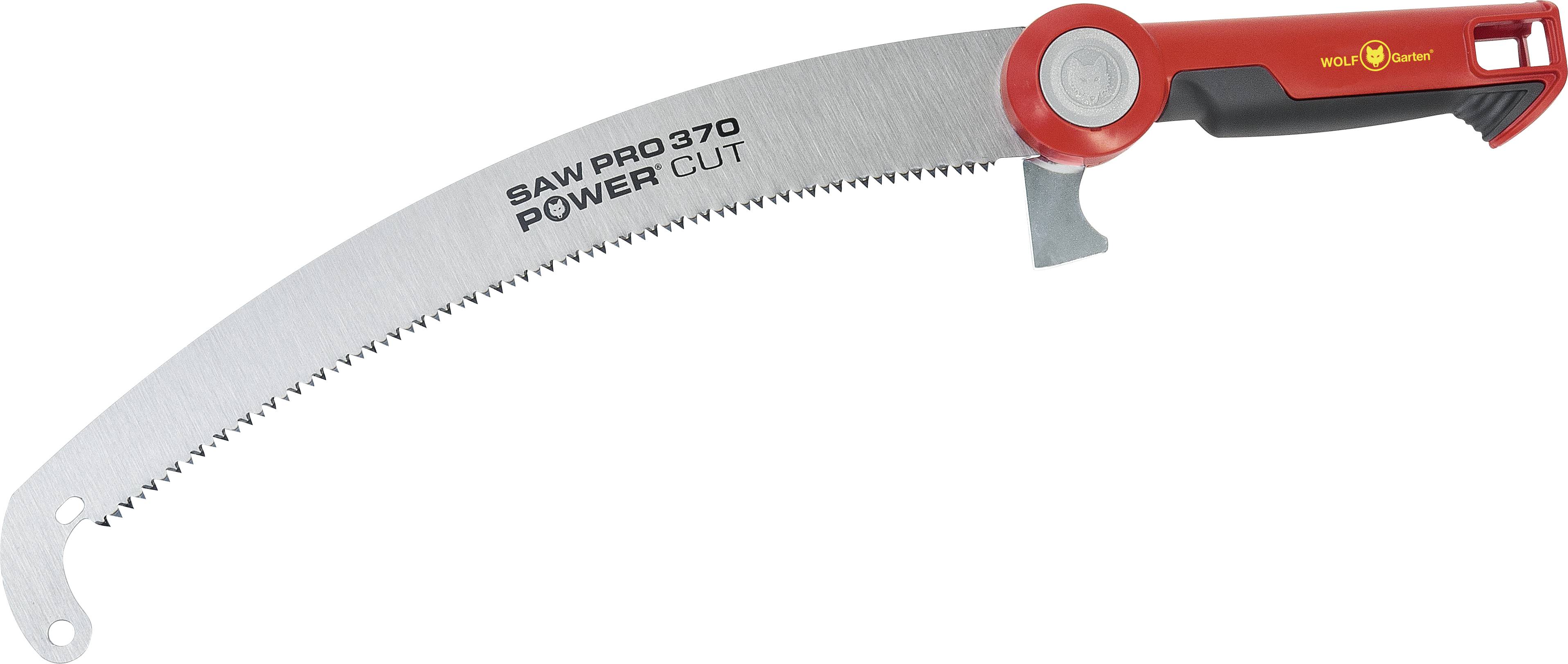 Gekrümmte Handsäge 'SAW PRO 370' von Wolf-Garten mit rotem Griff und silberner Klinge, für Gartenarbeiten wie Äste schneiden.