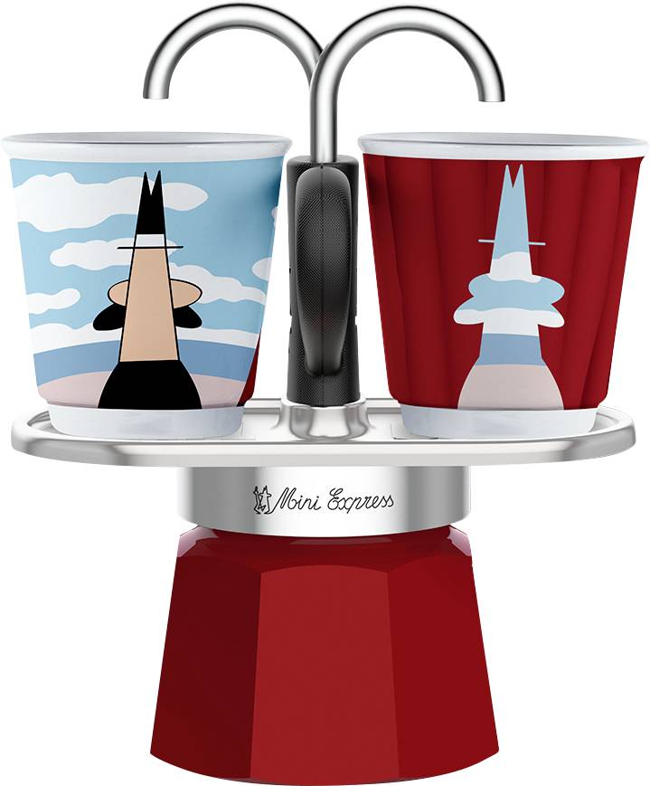 Eine rote Espressomaschine mit zwei Ausgüssen, die zwei Tassen auf der Oberseite befüllt. Die Tassen zeigen Zeichentrickillustrationen vor einem Himmelshintergrund.