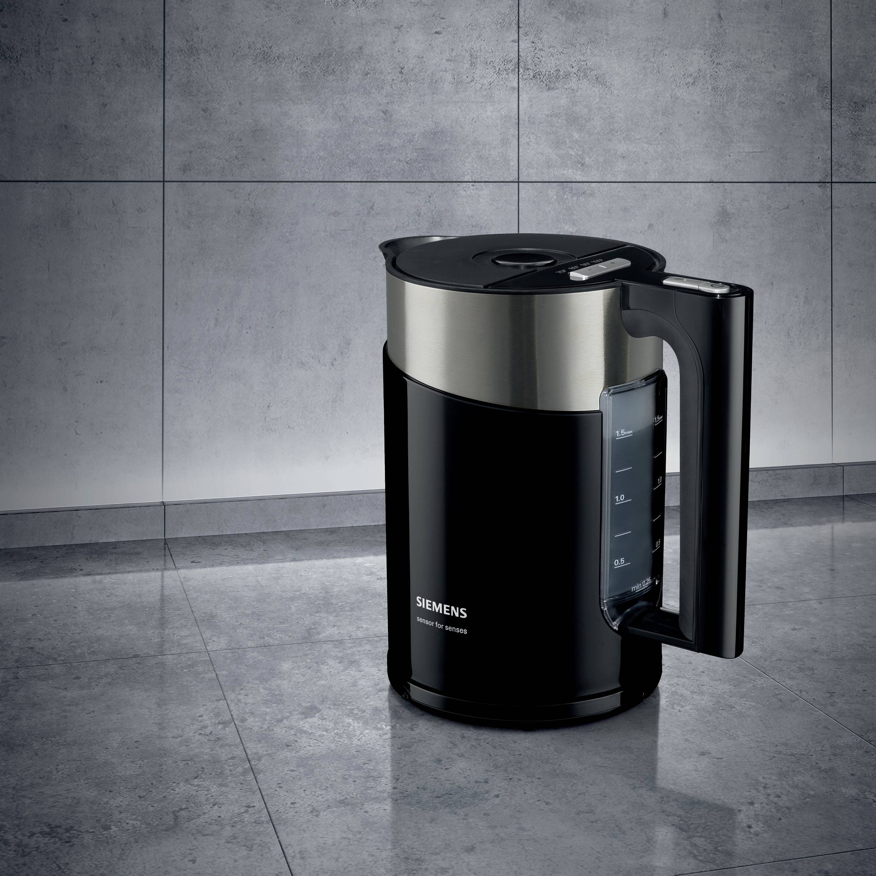 Siemens Hausgeräte TW86103P Wasserkocher schnurlos, Überhitzungsschutz Schwarz, Silber