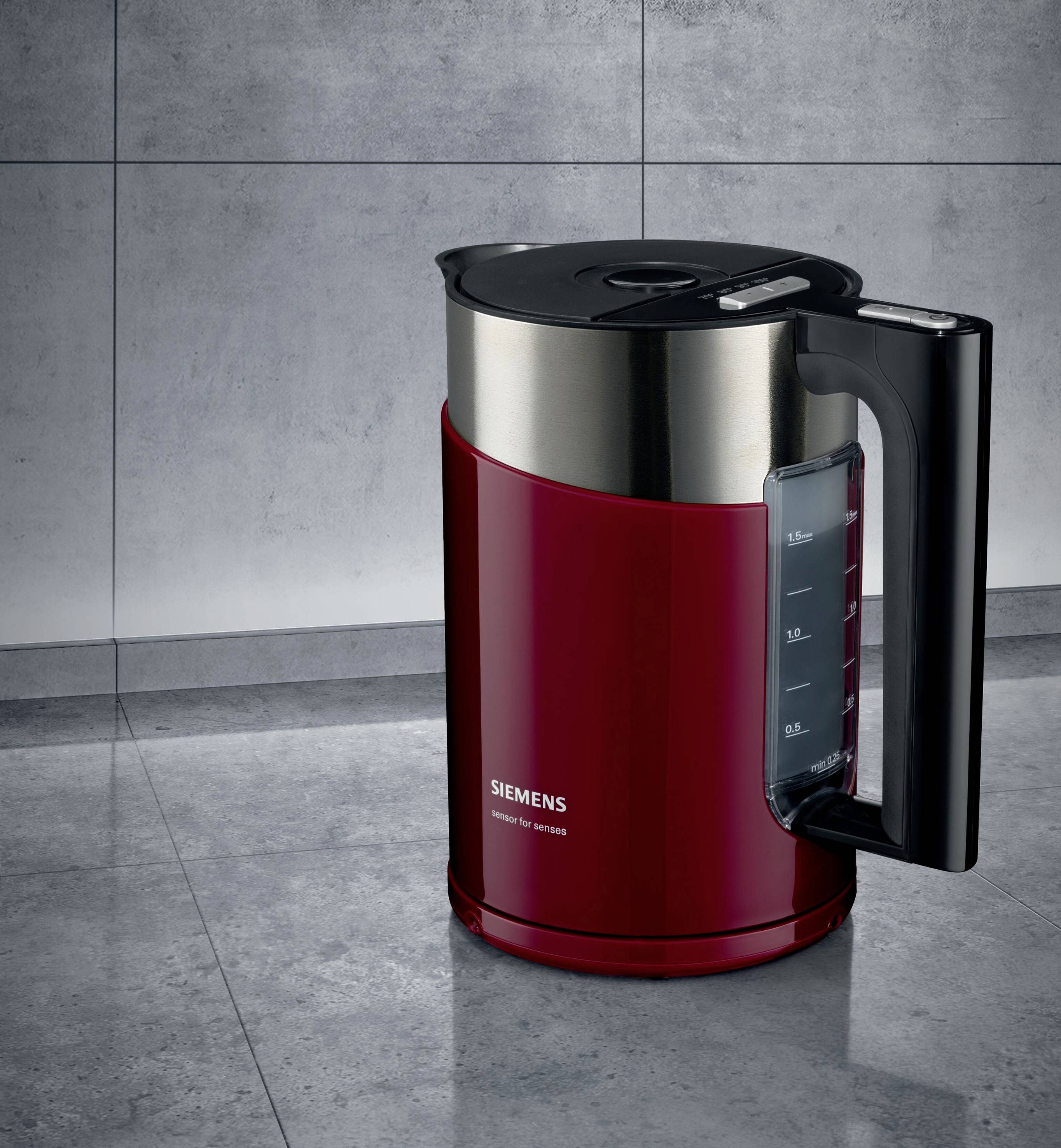 Siemens Hausgeräte TW86104P Wasserkocher schnurlos, Überhitzungsschutz Rot, Silber Fassungsvermögen: 1.5 l