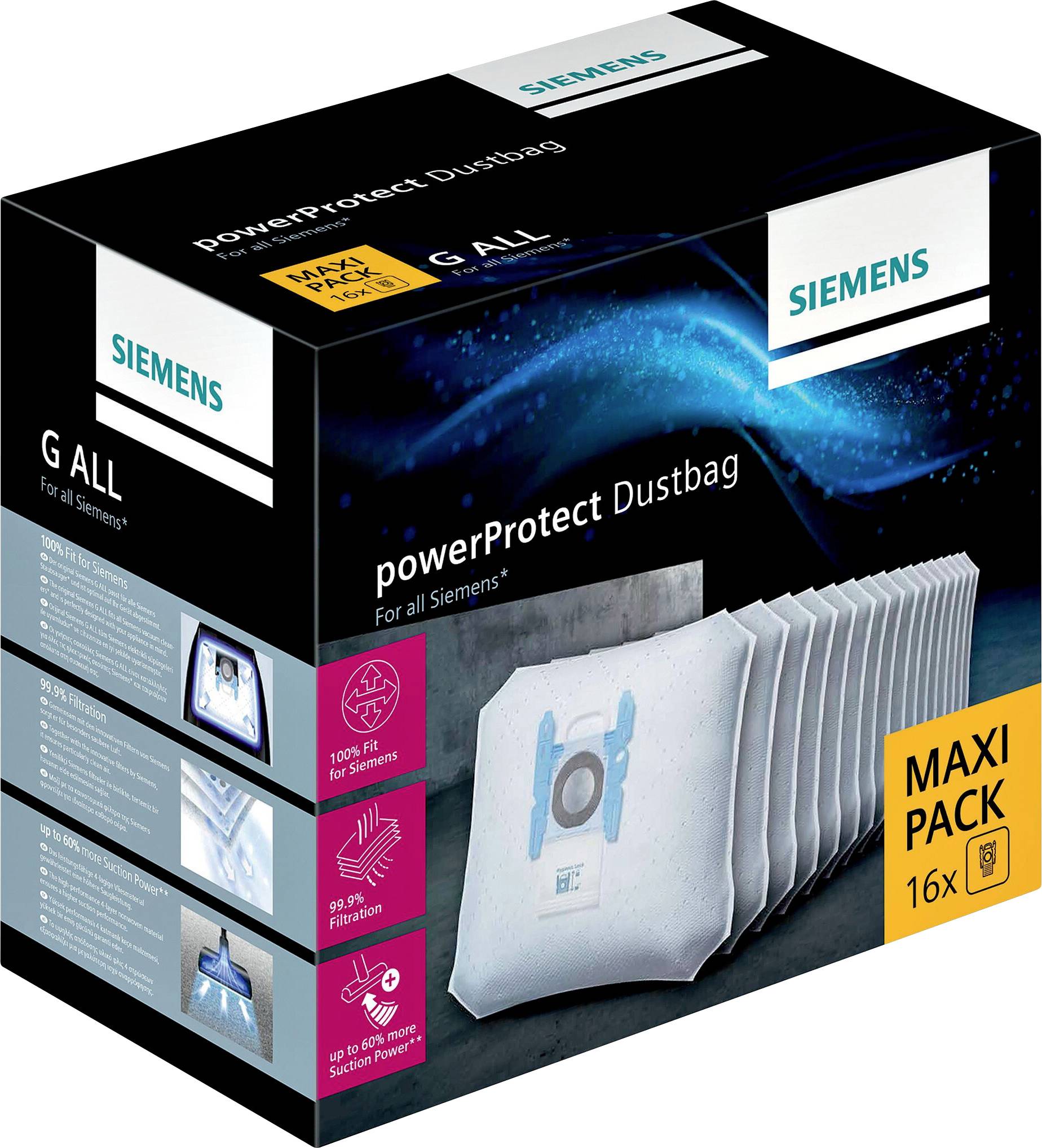 Staubsaugerbeutelpackung 'Siemens powerProtect Dustbag', Maxi-Pack mit 16 Beuteln. Werbebotschaft: 99% Filterleistung.