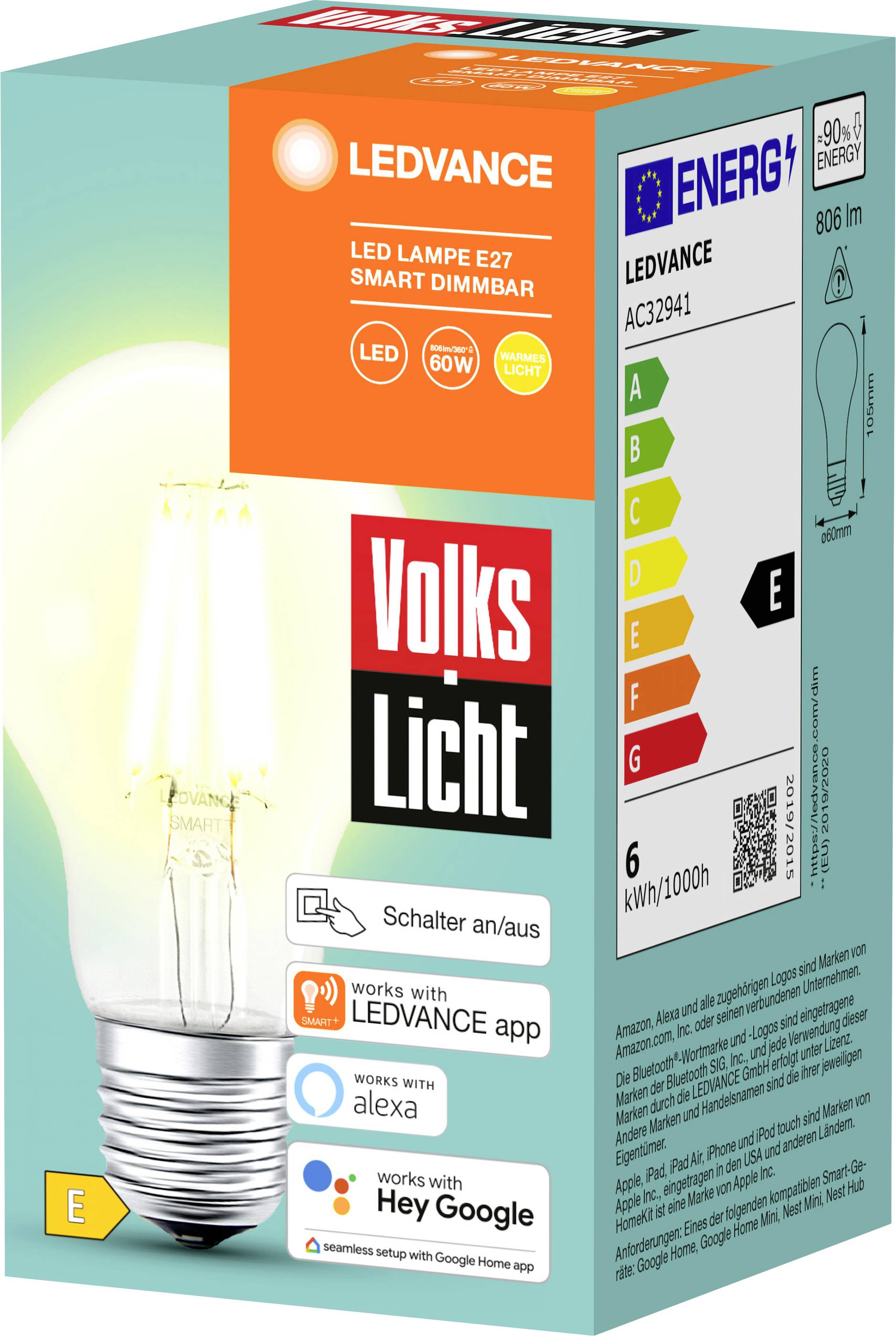 LEDVANCE SMART+ EEK: E (A - G) AC32941 - SMART+ BT FILAMENT CLASSIC DIMMABLE CLA60 E27 6 W Warmweiß
