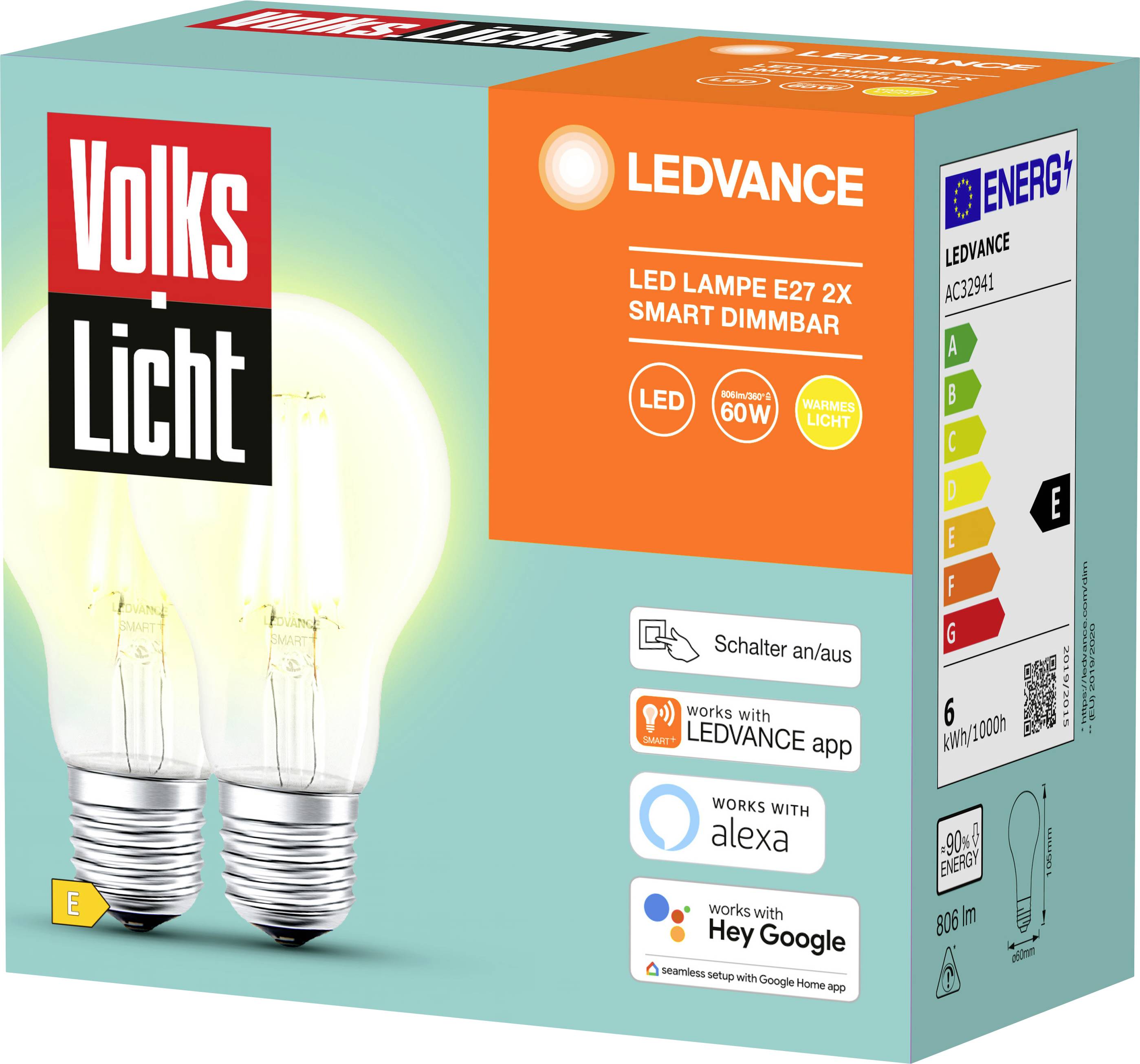 LEDVANCE SMART+ EEK: E (A - G) AC32941 - 2er SMART+ BT FILAMENT CLASSIC DIMMABLE CLA60 E27 6 W Warm