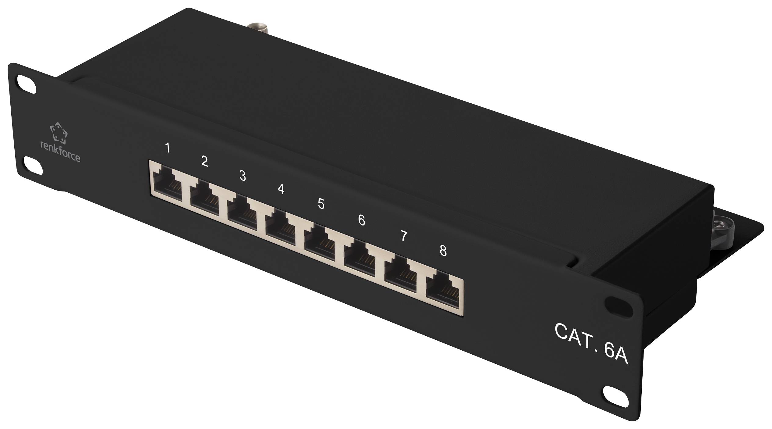 Ein schwarzes CAT. 6A Patchpanel mit 8 Ethernet-Ports, nummeriert von 1 bis 8, montiert an einem Rack.