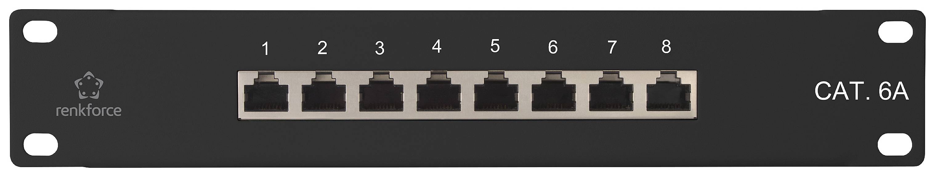 Ein schwarzes Netzwerk-Patchpanel mit acht Ethernet-Anschlüssen, nummeriert von 1 bis 8. rechts ist 'CAT. 6A' aufgedruckt.