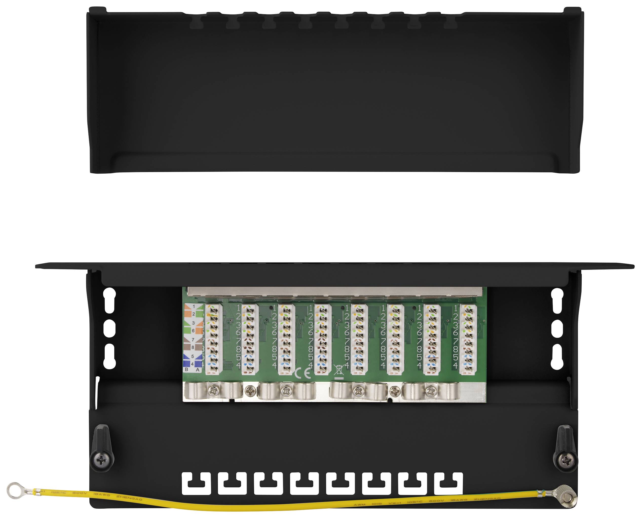 Ein geöffnetes schwarzes Metallgehäuse zeigt eine grüne Leiterplatte mit Anschlussklemmen. Dient wahrscheinlich zur elektrischen Verbindung.