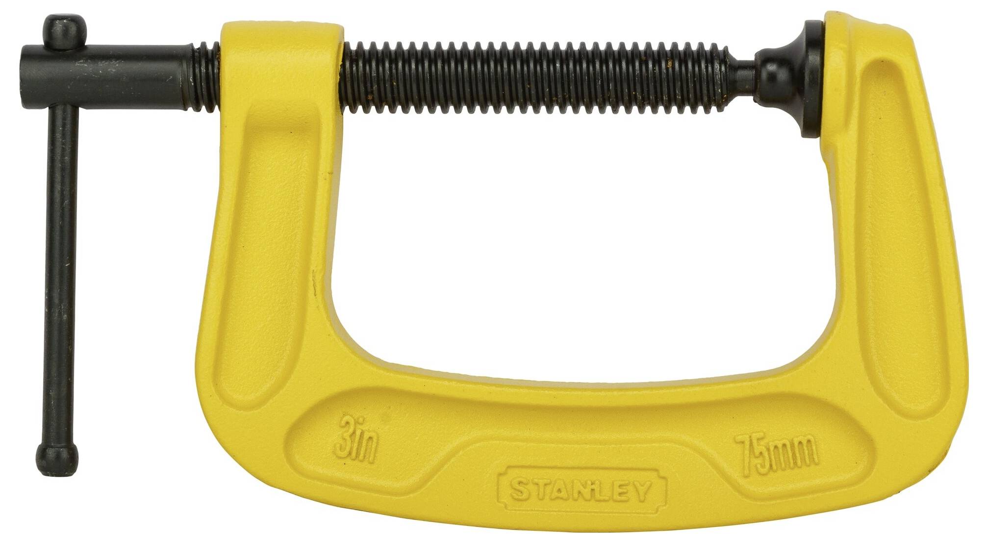 Gelber C-Spanner mit schwarzer Schraube, 3-Zoll (75mm) Größe, für das Halten oder Spannen von Werkstücken.
