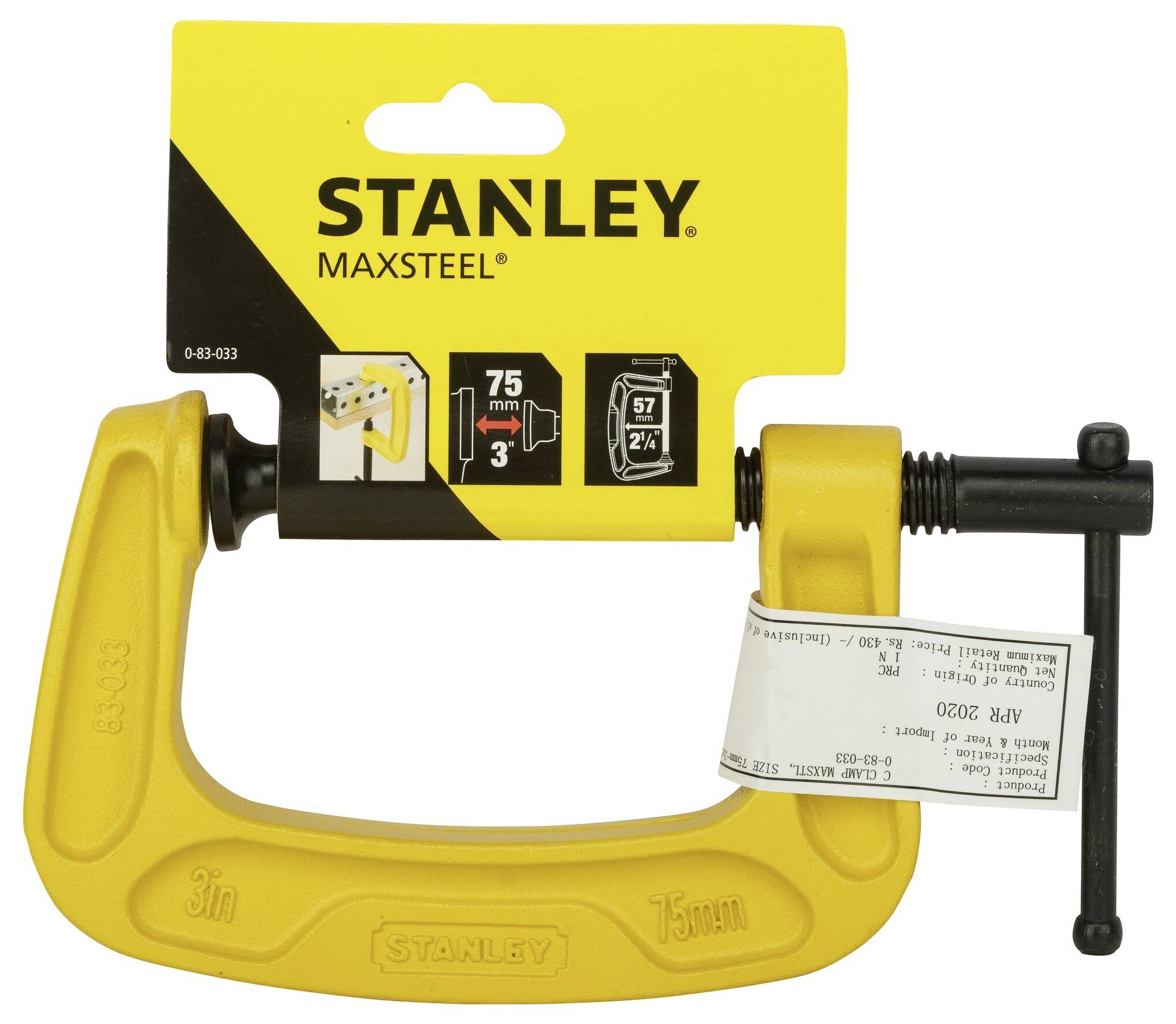 Gelber Stanley Maxsteel Schraubzwinge mit gelber Verpackung, Spannweite 75 mm.
